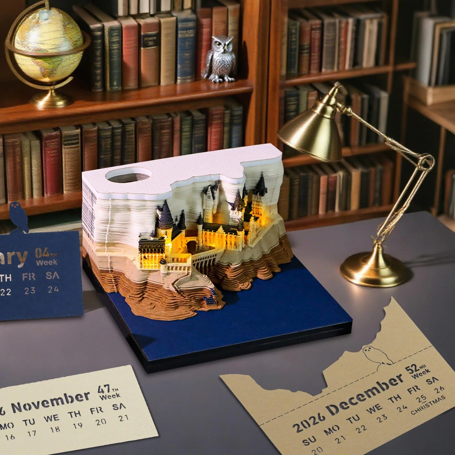 Kalendarz 3D 2026,Unikalna Papierowa Rzeźba do Dekoracji Biurka,Kalendarz Zegar 3D z Wyrywanym Notatnikiem,Oświetlenie LED & Akrylowe Pudełko Ekspozycyjne (castle-2026)
