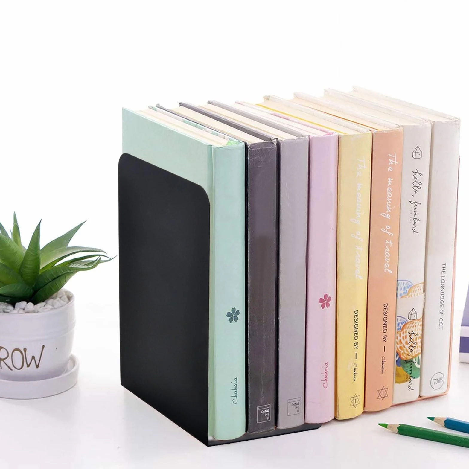 TNSLAND Podpórka Na Książki Z Metalu (Zestaw 4 Szt.) 14 x 10 x 20 cm | Uchwyt, Organizer Dla Dzieci, Biuro, Regał | Elegancki, Wytrzymały Metal o Stylowym Wzornictwie, Chroni
