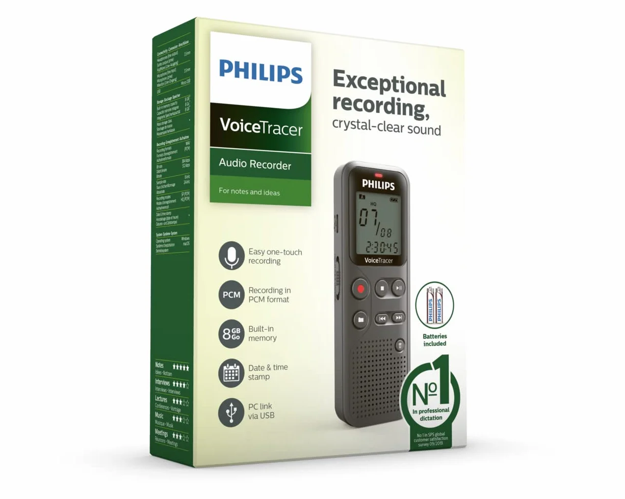 Philips Voicetracer DVT1120/00 Rejestrator Audio, Szary, 8 GB