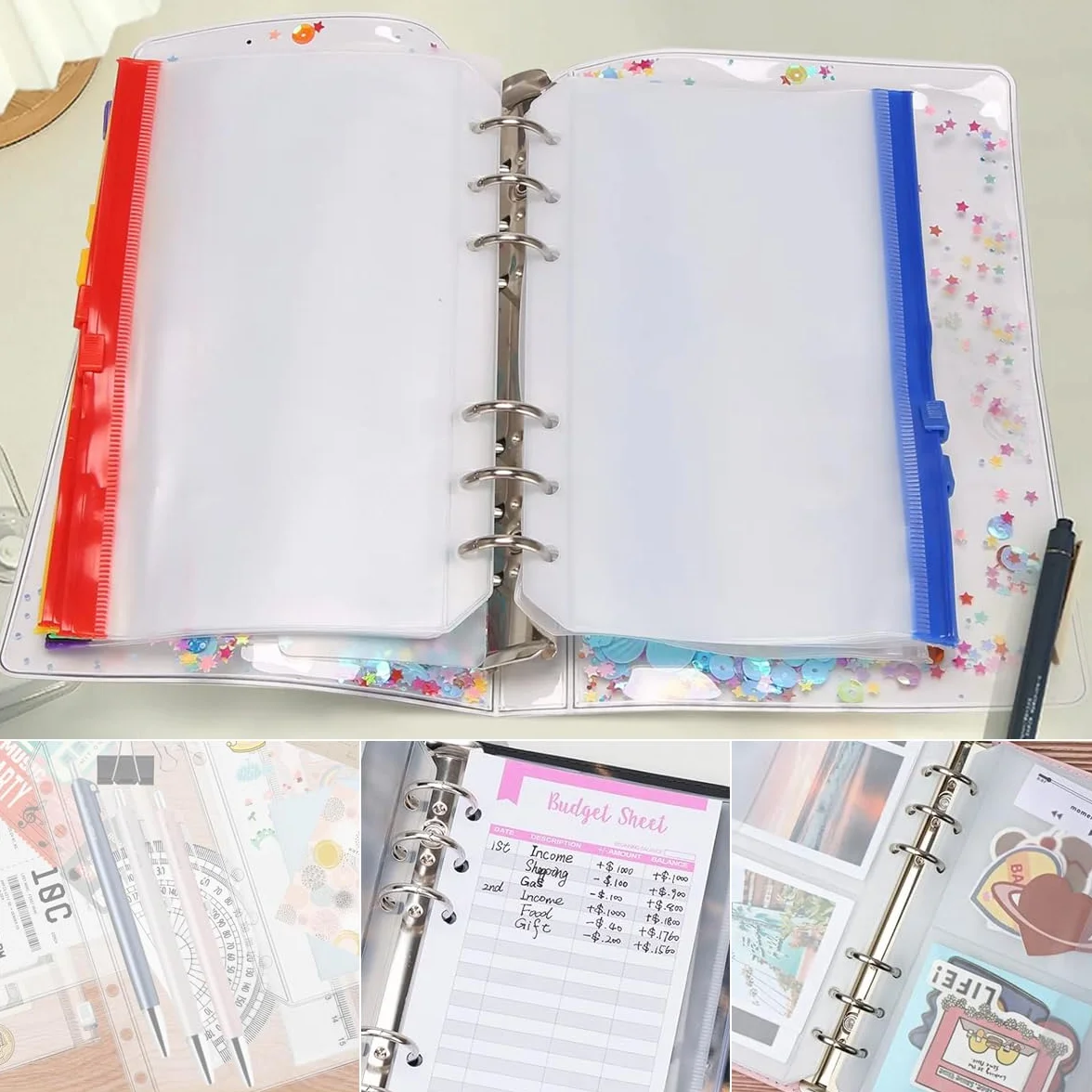 Binder segregator z 6 otworami, różne kolory, koperty, zamek błyskawiczny, A6, wodoszczelny, przezroczysty do uzupełniania, do przechowywania banknotów