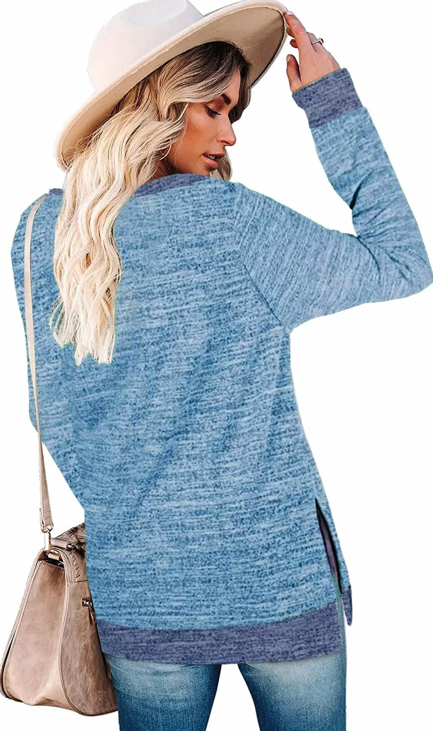 Cuptacc Sweter damski, okrągły dekolt, luźny sweter, elegancki, dopasowany kolor, długi rękaw