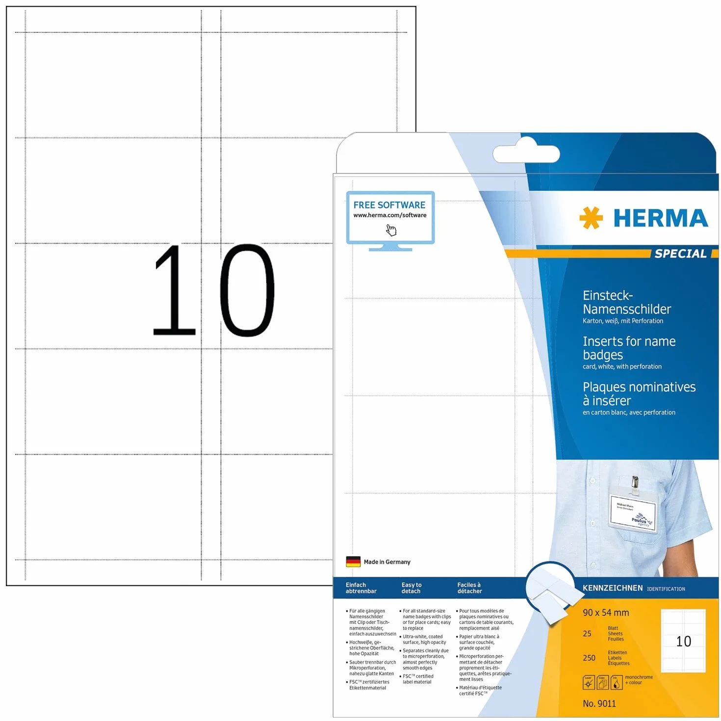 HERMA 9011 perforowanych identyfikatorów odzieżowych, 25 arkuszy, 90 x 54 mm, 10 sztuk na arkuszu A4, 250 naklejek, samoprzylepne, do druku, wkładki tekturowe nieprzylepne, białe