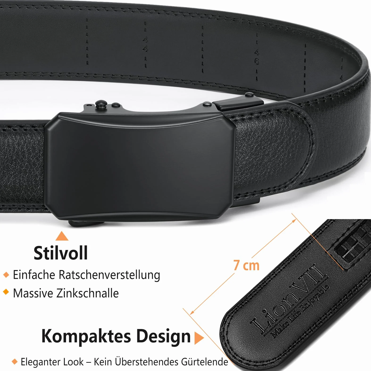 LionVII Męski pasek z automatyczną grzechotką – regulowany pasek z prawdziwej skóry 3,5 cm, do noszenia w czasie wolnym i biznesowym, z możliwością docięcia do 75-125 cm talii