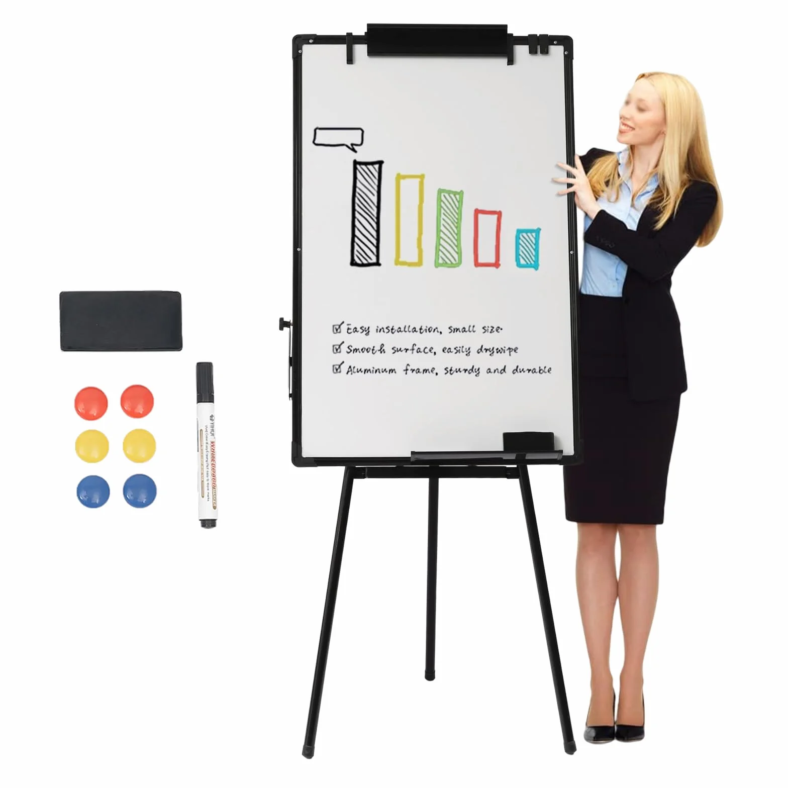 Tablica suchościeralna, flipchart stojak ze statywem, magnetyczna, przenośna, zmywalna na sucho, z regulacją wysokości, tablica magnetyczna z markerami i magnesami, do biura, studentów, 91 x 61 cm