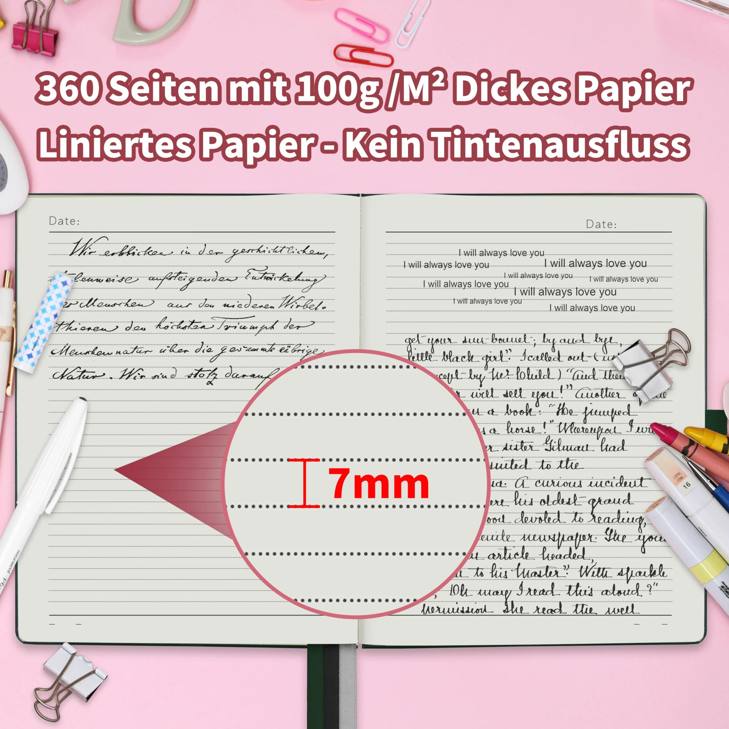 Notatnik A5 w linie, Bullet Journal A5 Gruby notatnik, 360 stron,papier w linie o gramaturze 100 g / m2 dla kobiet, mężczyzn, biurowy pamiętnik szkolny, 14,5 x 21 cm - zielony