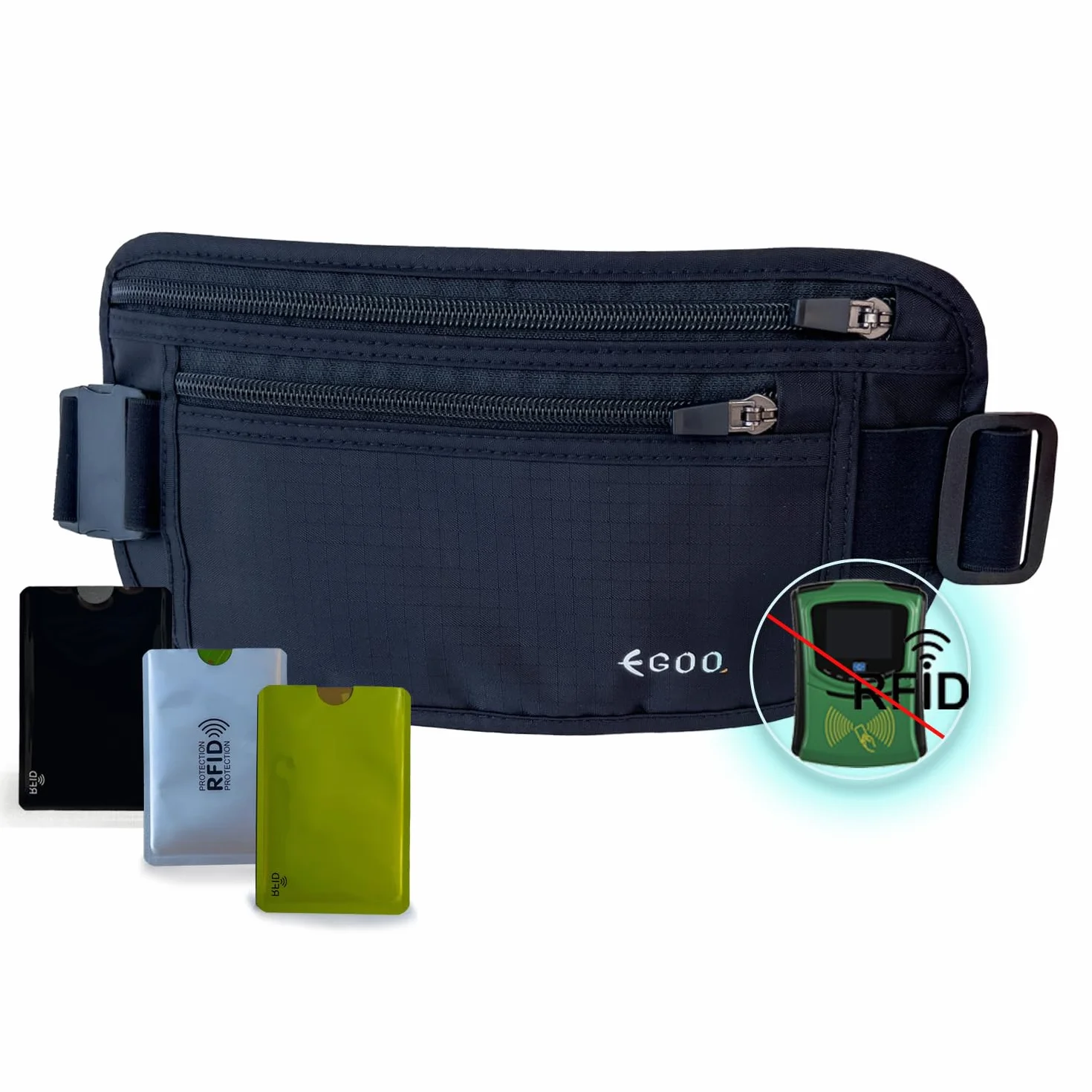EGOO Ultralekki pasek na pieniądze RFID z regulowanym elastycznym paskiem do podróży, ukryta saszetka na pieniądze z wieloma kieszeniami + 3 etui ochronne na karty RFID, Czarny, Jeden rozmiar,