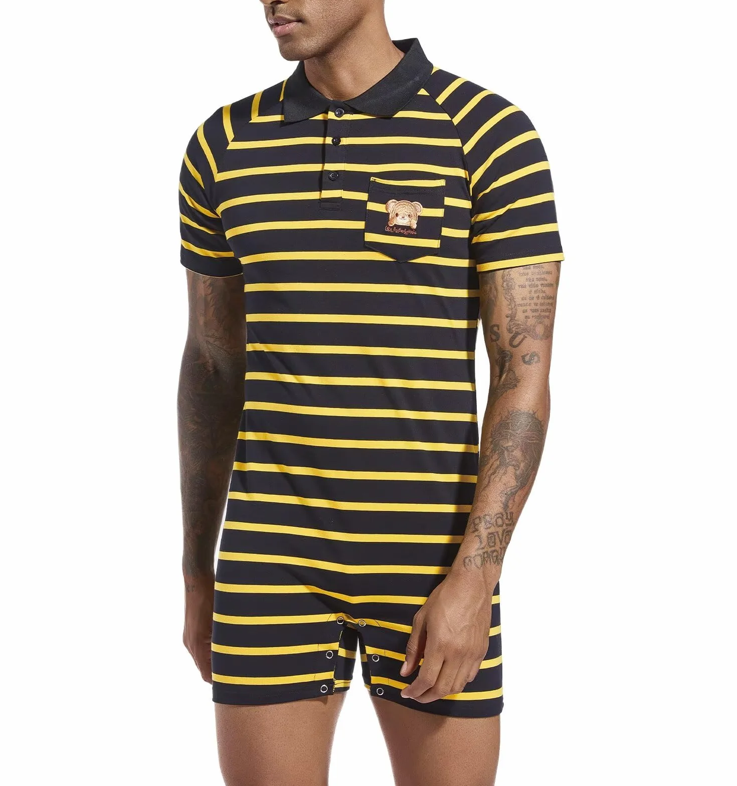 Landofgenie Onesie Piżama Męskie Krótki Rękaw Bawełniany Romper Jednoczęściowy Body Striped Romper dla Mężczyzn