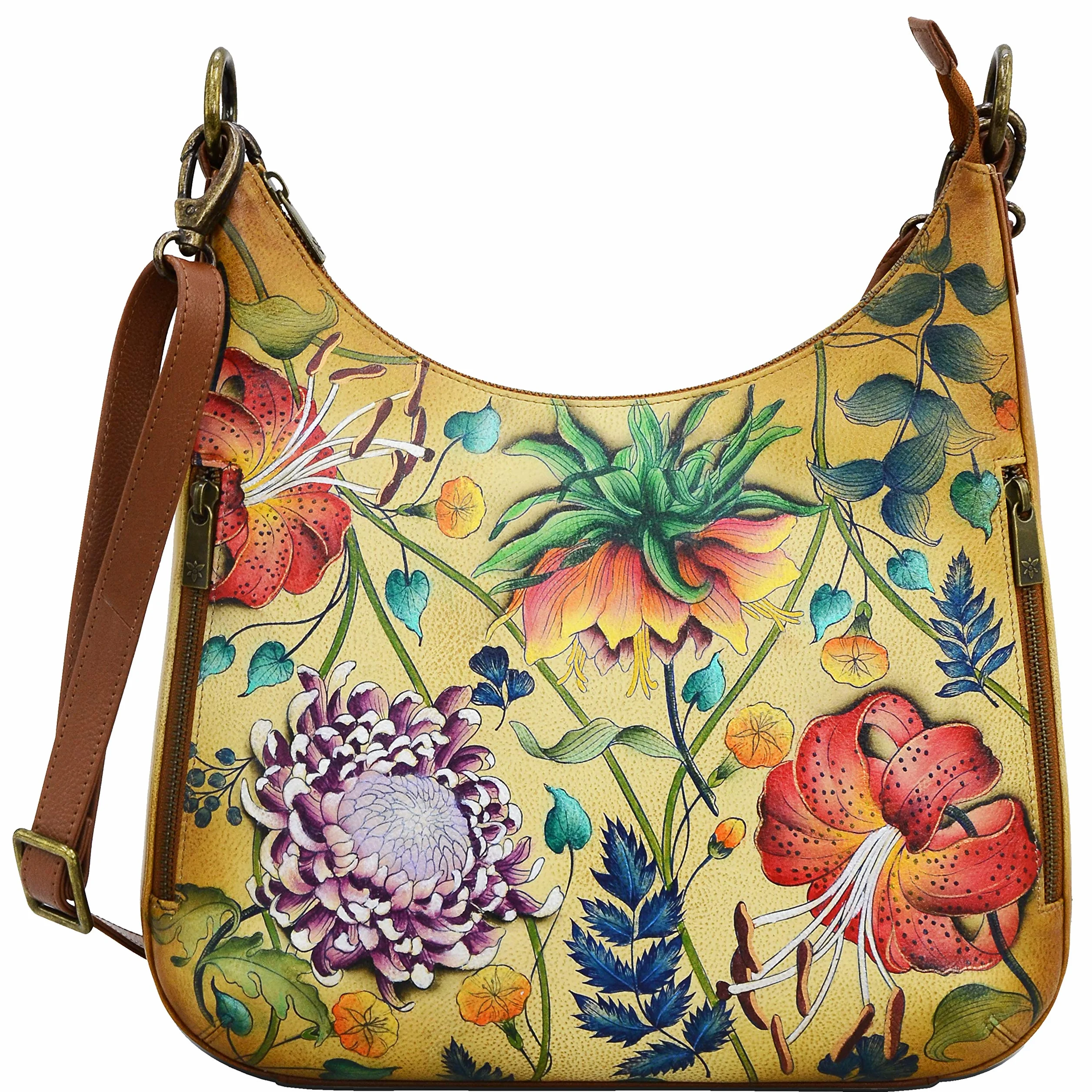 Anuschka Ręcznie malowane damskie skórzane kabriolet slim hobo z paskiem crossbody - zamek błyskawiczny od góry, wiele kieszeni