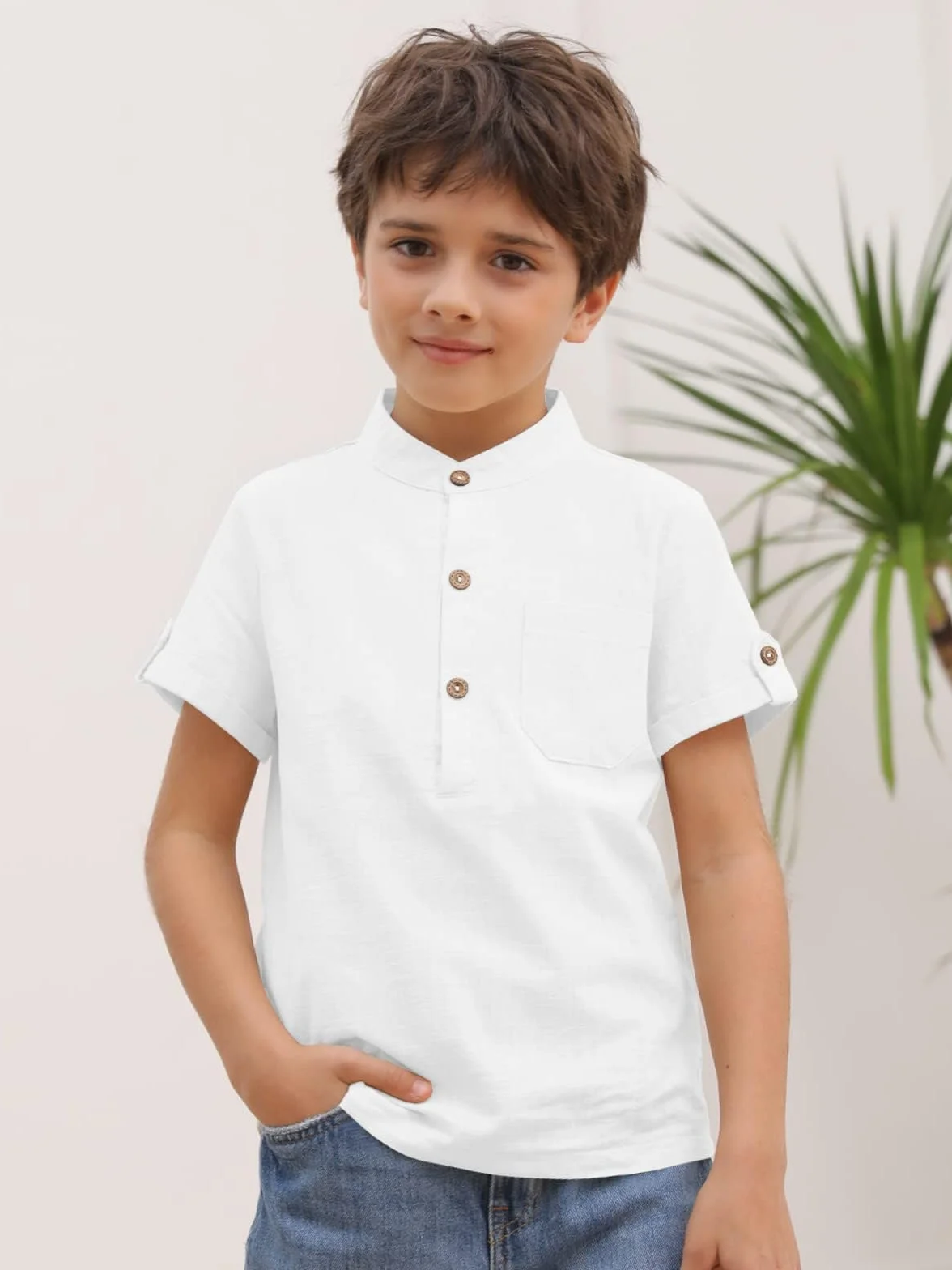 Haloumoning Chłopięca koszula z krótkim rękawem Henley Shirt Button Up bawełna topy casualowa koszula z kieszenią na piersi