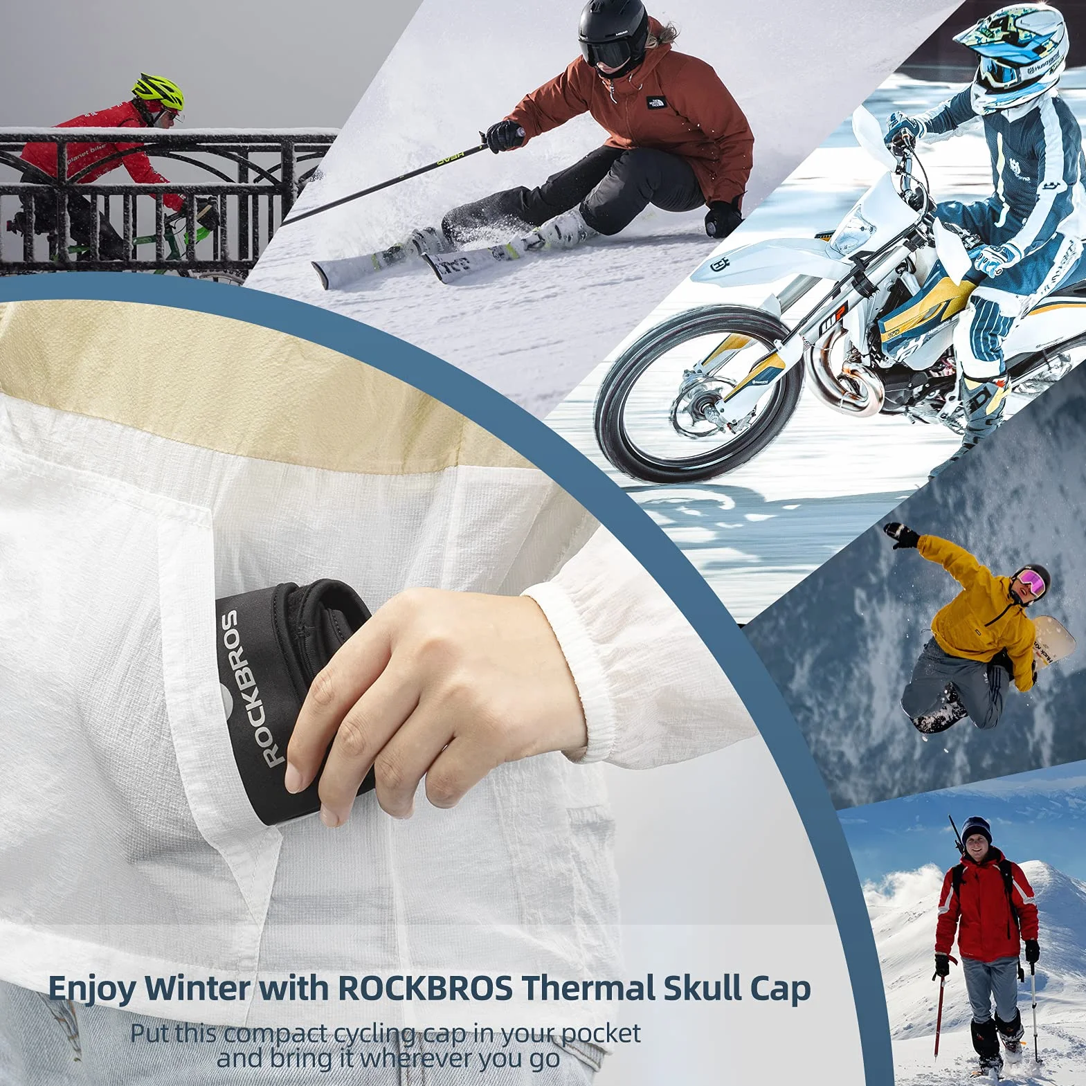 ROCKBROS Czapka Rowerowa, Czapka na Kask, Zimowa, Wiatroszczelna, z Otworami na Okulary, Ciepła Czapka na Rower na Świeżym Powietrzu, Jazdy na Rowerze, Jazdy na Nartach, Biegania, Unisex, Czarna Szara