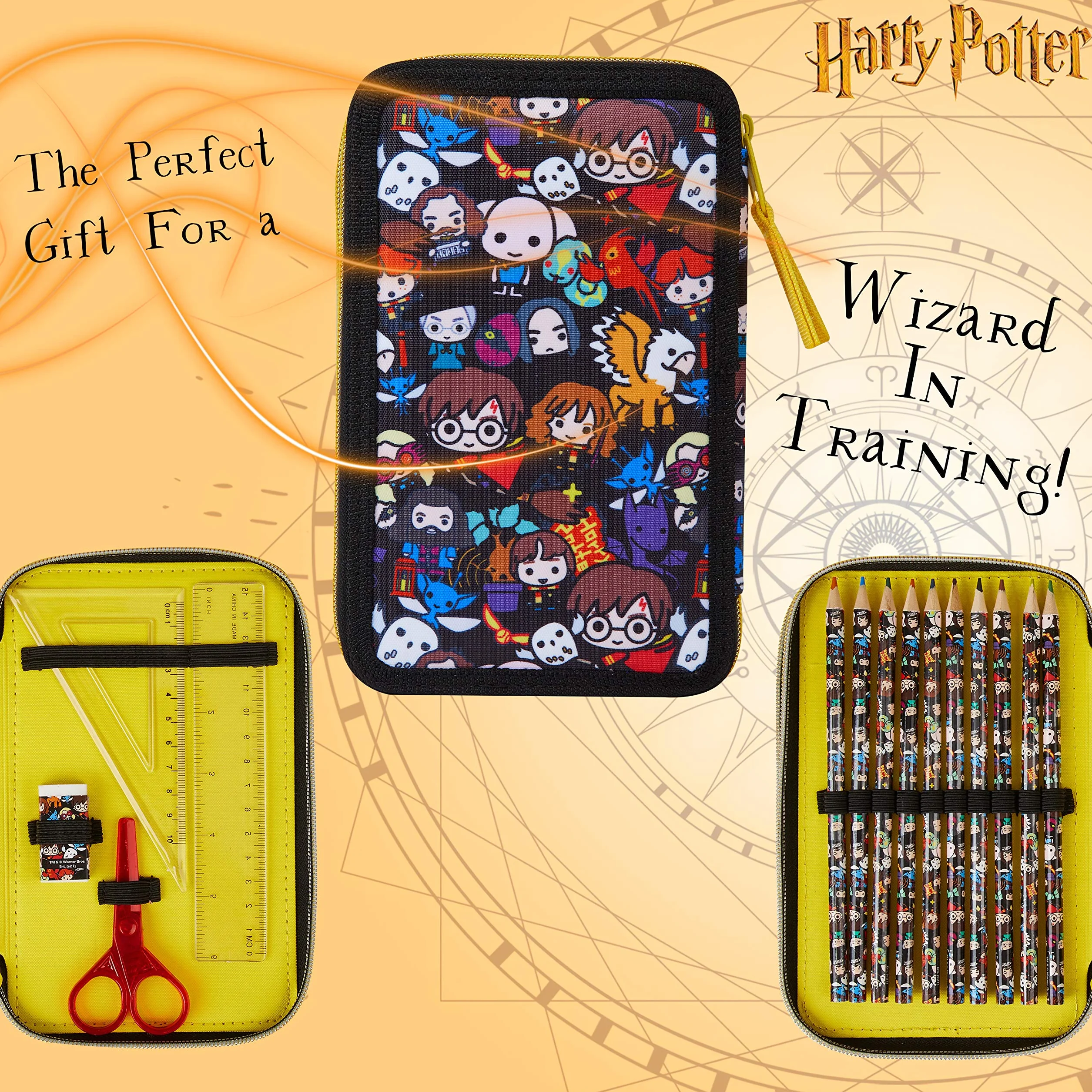 Harry Potter Piórnik dziecięcy z przegródką kolorowe kredki do kolorowania, artykuły szkolne, prezent na powrót do szkoły, Czarny aop, One Size, Nowoczesny