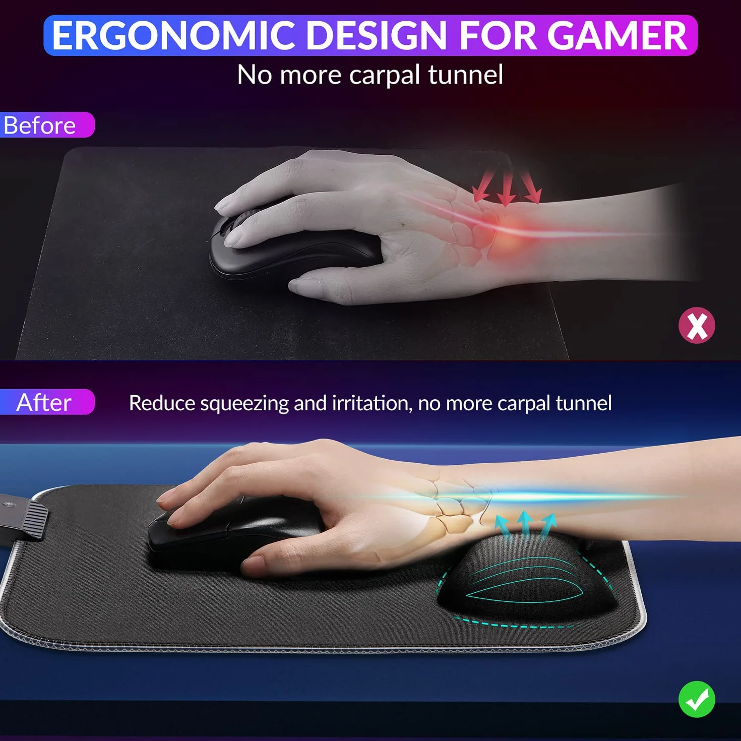 Gimars Myszka z Podpórki pod nadgarstek, 30 x 25 cm, Ergonomiczna Gamingowa Podkładka z 10 Trybami LED, Antypoślizgową Podstawą, Tkanina Lycra. RGB Oświetlenie, Wspomaganie Łokcia