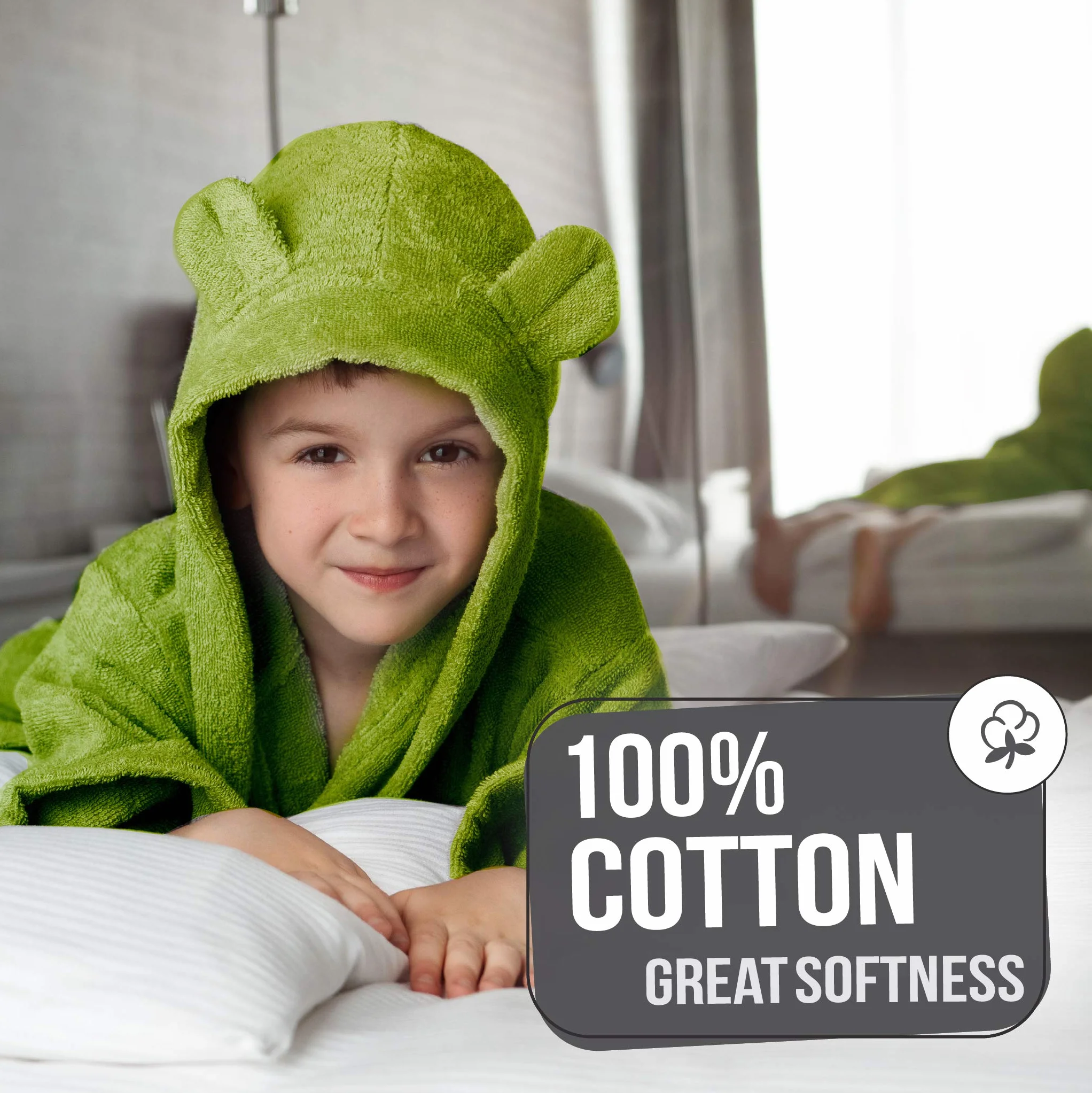 Twinzen - bawełniane dziecko szlafrok dla dziewczynki i chłopca - 100% Oeko-Tex® Bawełna Brak chemikaliów- 2 kieszenie, pas, kaptur z uszami