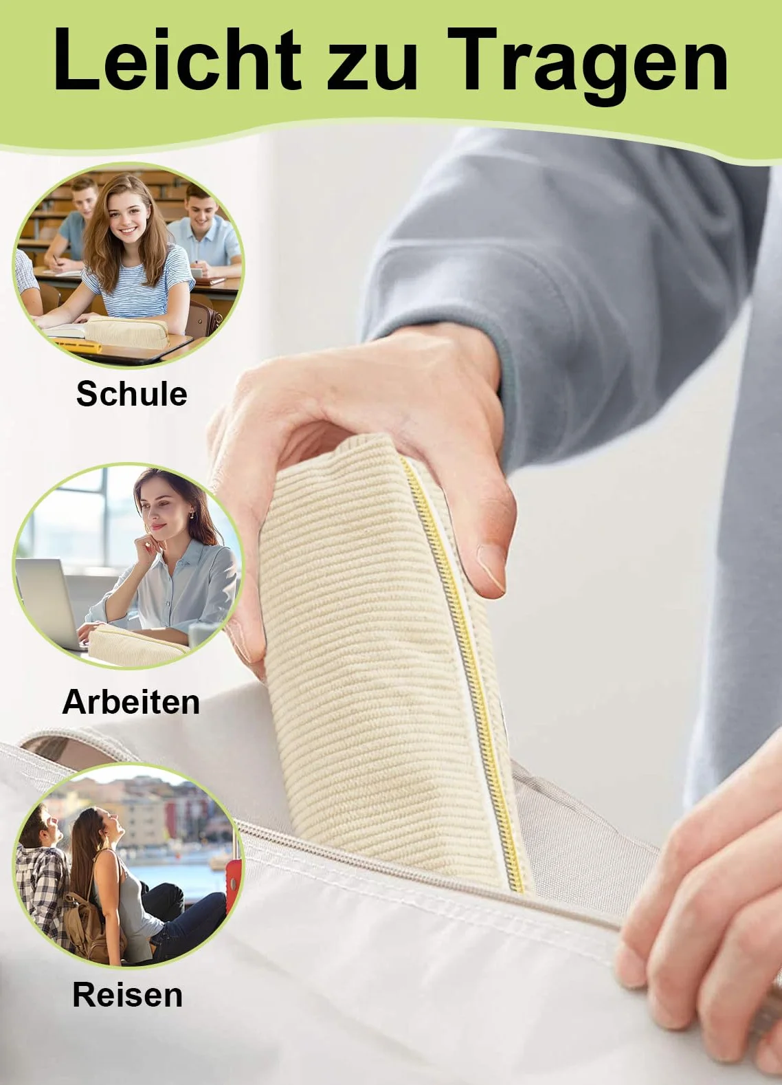 Piórnik ze sztruksu, Piórnik, Przenośny piórnik szkolny Pencil Case, Duża pojemność piórnik z praktycznym zamkiem błyskawicznym, dla nastolatków szkoła, biuro (Beżowy)
