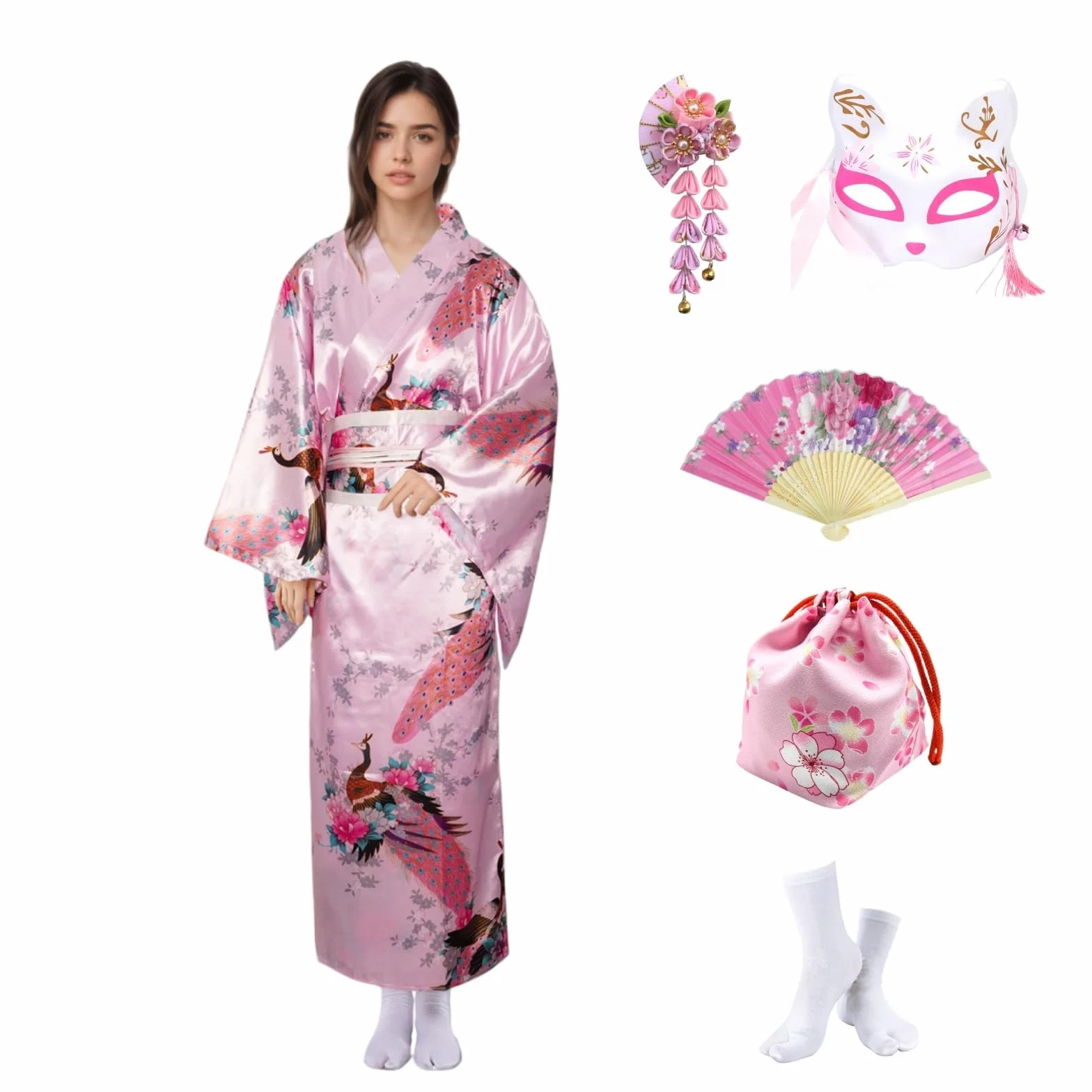Tradycyjne japońskie kimono dla kobiet, japoński damski szlafrok Yukata, sukienki w stylu japońskim dla kobiet, kostium cosplay, satynowy szlafrok na imprezę, spa lub ślub, ze składanym wachlarzem i