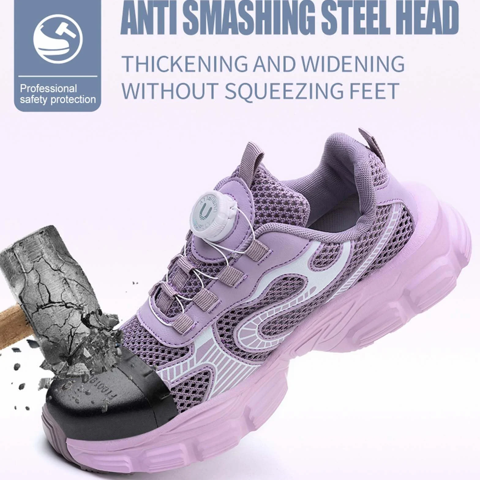 SDEQA Buty robocze Safety Trainers damskie z stalowym noskiem i obrotowym przyciskiem, antypoślizgowe, oddychające, buty robocze Air Cushion Construction Industrial Sneakers,Purple,37 EU