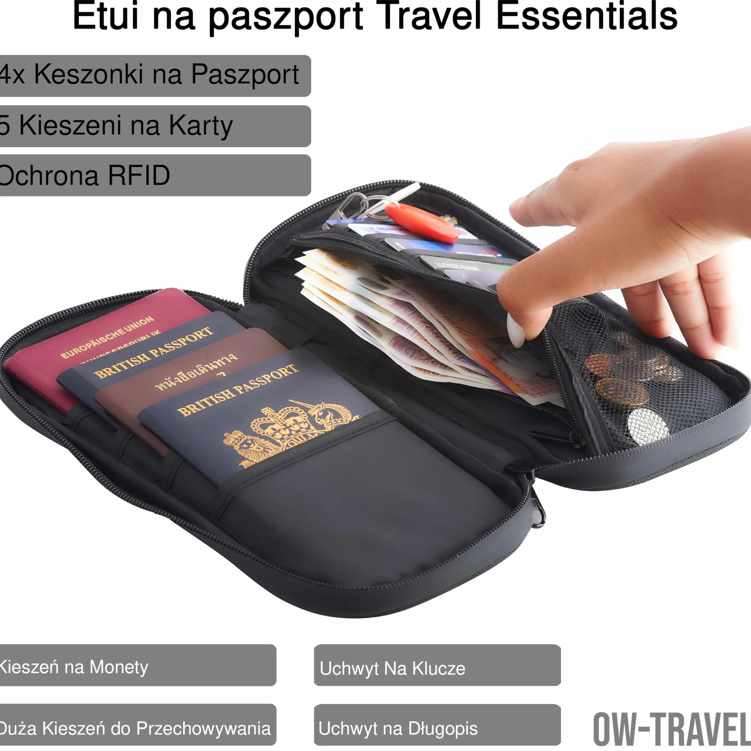 OW-Travel Etui na Paszport i Dokumenty (czarny) z ochroną RFID. Pojemne etui na paszport 4 paszporty na bilety lotnicze. Dołączone paski na nadgarstek i szyję bez użycia rąk