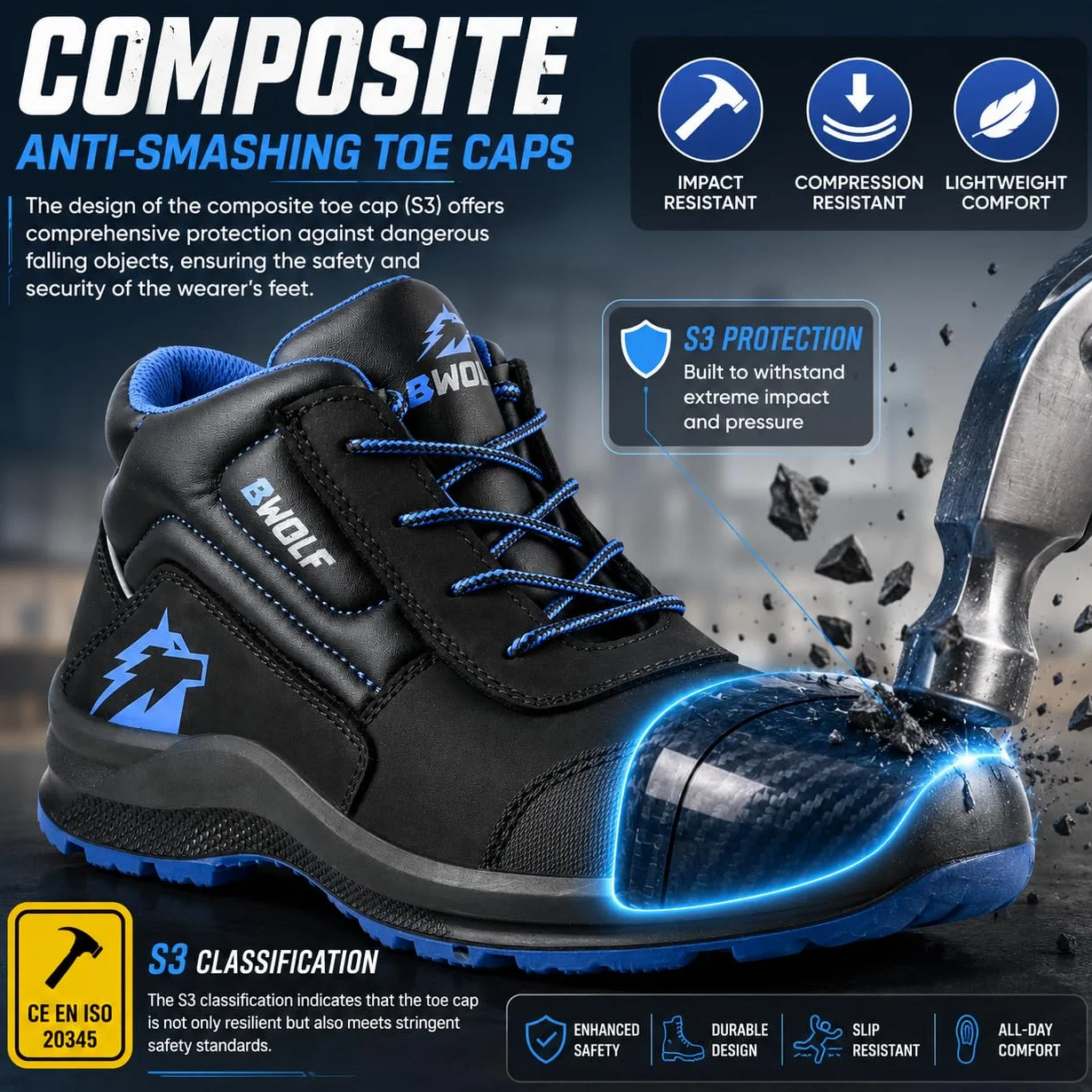 BWOLF Spire skórzane buty robocze męskie S3 buty ochronne S3 wodoszczelne, odporne na olej, antypoślizgowe z technologią 4 x 4 Grip z ergonomiczną wymienną podeszwą