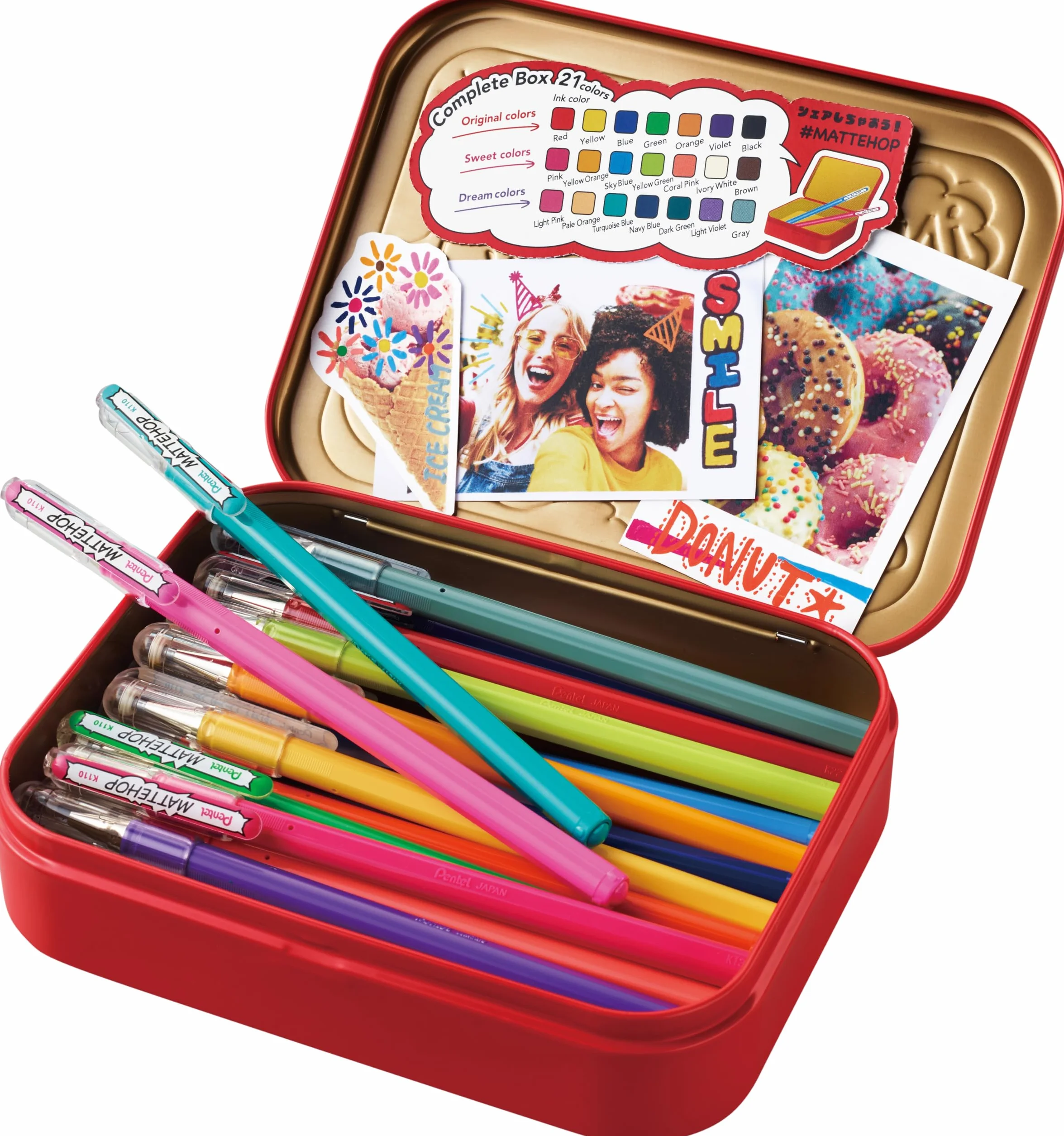 Pentel Mattehop K110V długopis żelowy z wysoko kryjącym tuszem o matowym wykończeniu, 1,0 mm (metalowe pudełko z 21 sztukami zawartości – sortowane kolorystycznie)