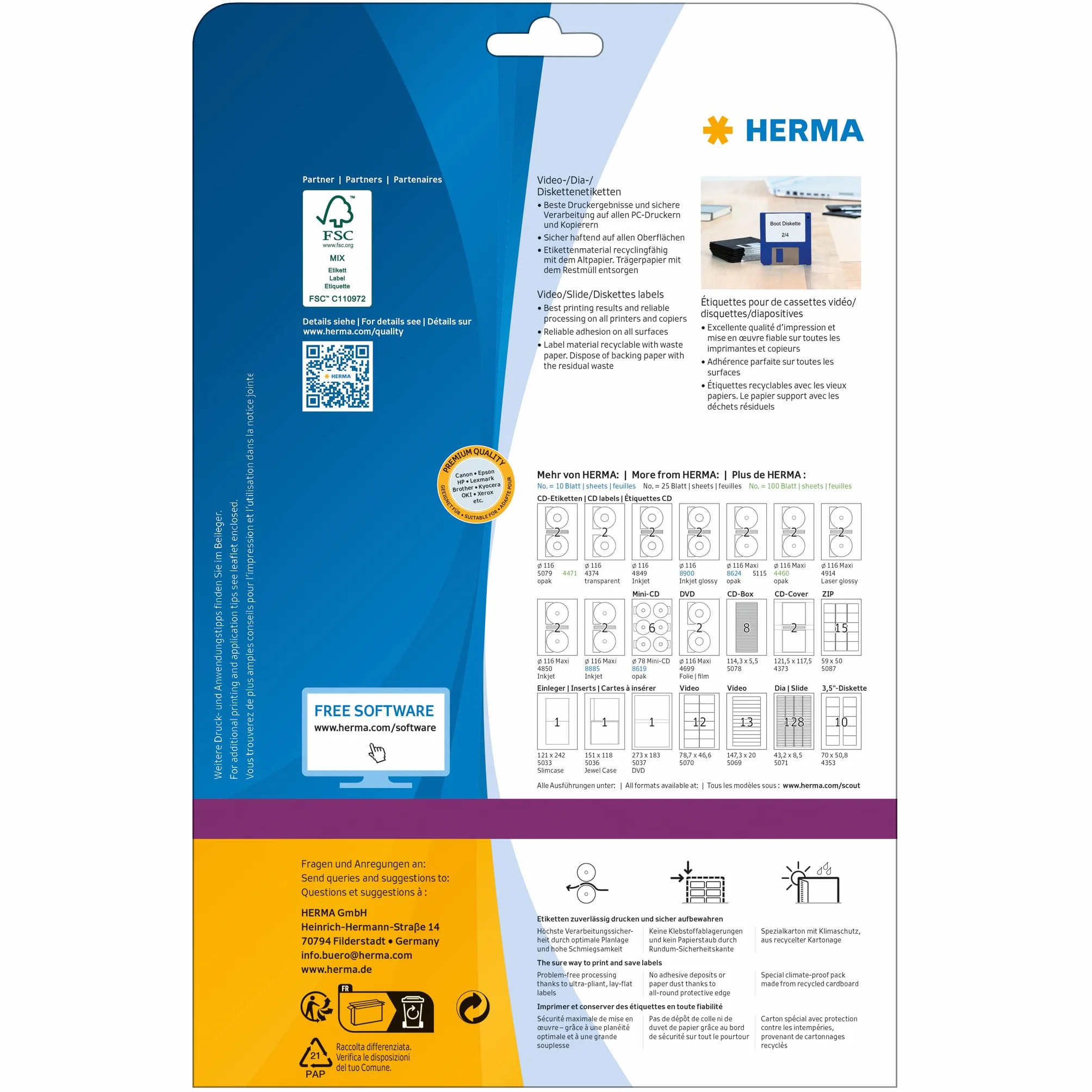HERMA 4355 etykiety na dyskietki 3,5 cala, 25 arkuszy, 70 x 67,7 mm, 8 arkuszy A4, 200 sztuk, samoprzylepne, nadają się do drukowania, matowe, nieprzezroczyste naklejki na dyski, białe