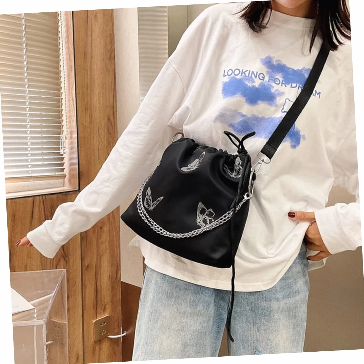 CHILDWEET Ukoś Torba Damska Ze Sznurkiem Motyl - Torebka Ramię Moda Kobieta Cross-Body Mini Delikatna Biała