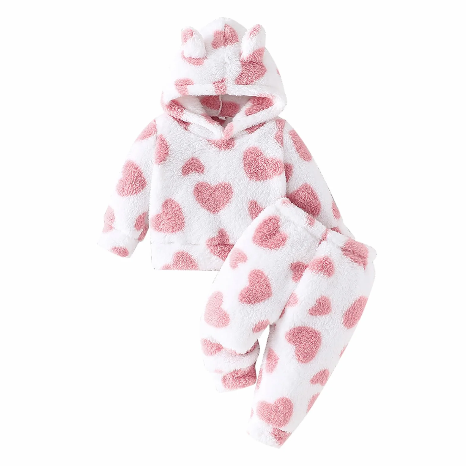 Kunyeah 2 szt. ubranka dla dziewczynek z polaru, dla małych dzieci, pluszowe, bluza dla noworodków, długi rękaw, zestaw spodni, ciepłe bluzy z kapturem, strój
