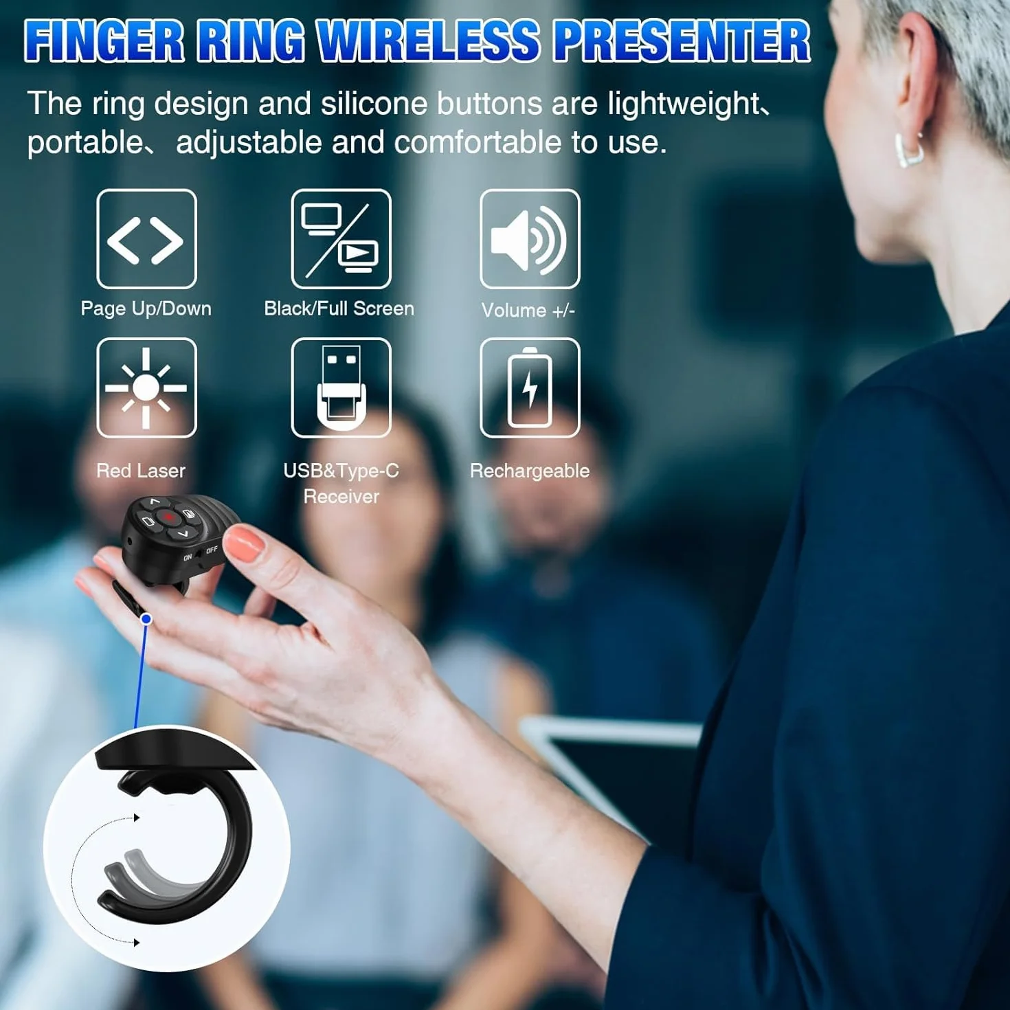 Pierścionek pilot do prezentacji z klickerem do ładowania, 2-w-1 USB Type C klicker Powerpoint pilot do prezentacji z głośnością, bezprzewodowy pilot prezentacyjny do komputera MAC, laptopa