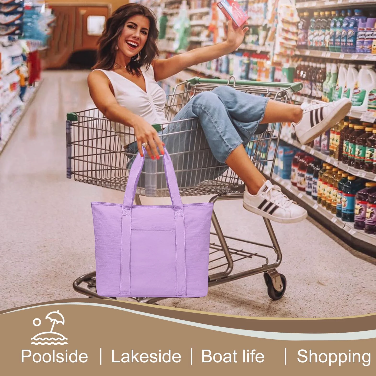 LEDAOU Duża torba plażowa z zamkiem błyskawicznym, wodoszczelna, na ramię, na zakupy, odporna na piasek, do basenu, fitness, podróżna dla rodziny