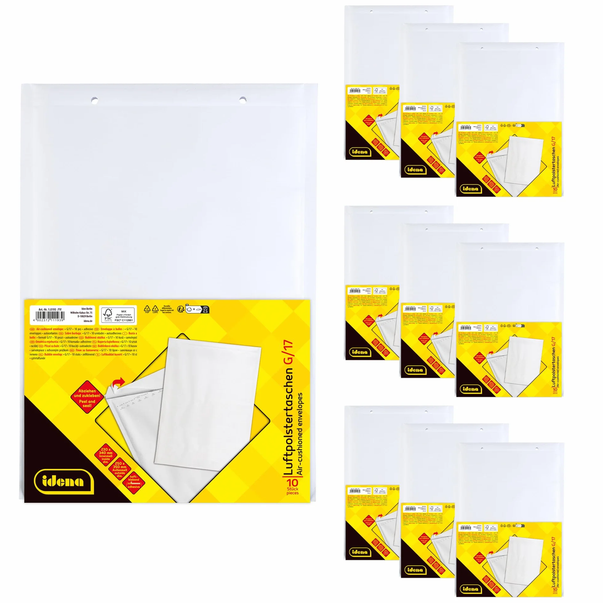 Idena 90562 – koperty bąbelkowe G/17, 10 sztuk o wymiarach 25 x 35 cm, koperty samoprzylepne, koperty wyściełane z papieru FSC Mix w kolorze białym