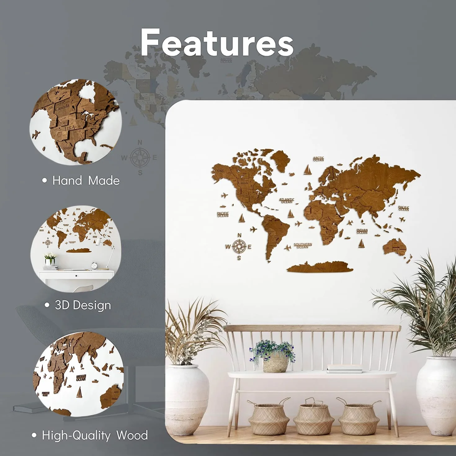 Drewniana mapa świata sztuka 3D duża dekoracja ścienna - rozmiar (M, L, XL) pomysł na prezent na każdą okazję - sztuka ścienna do domu, kuchni lub biura