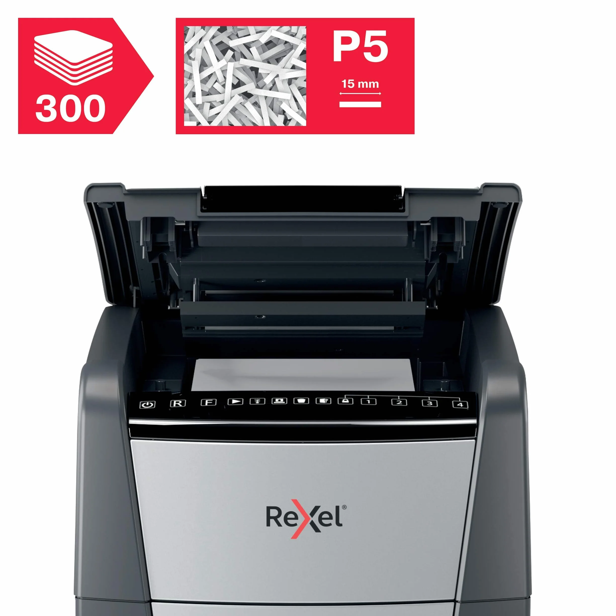 Rexel Optimum Auto Feed+ Automatyczna Niszczarka do Papieru, 300 Arkuszy, Bezpieczeństwo P-5, Tnie na Mikrościnki, do Małego Biura, 60 L, na Kółkach, 2020300M