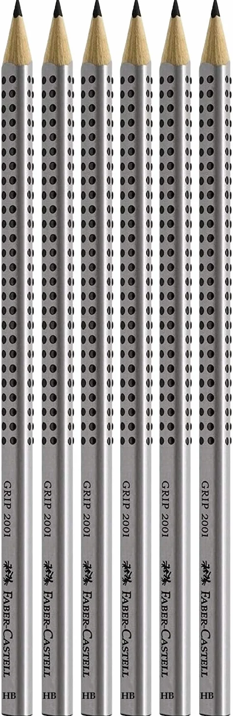 FABER-CASTELL 117697 – zestaw ołówków GRIP 2001, 6 ołówków do rysowania, twardość: HB, kolor trzonka: srebrny