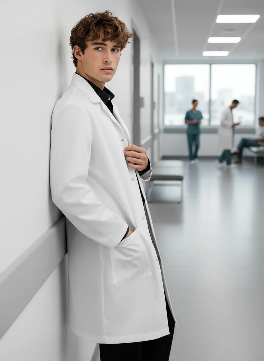 Unisex medyczny fartuch laboratoryjny dla mężczyzn i kobiet, kieszenie na biodrach i klatce piersiowej, klasyczny krój, zapięcie na zatrzask, długość 100 cm