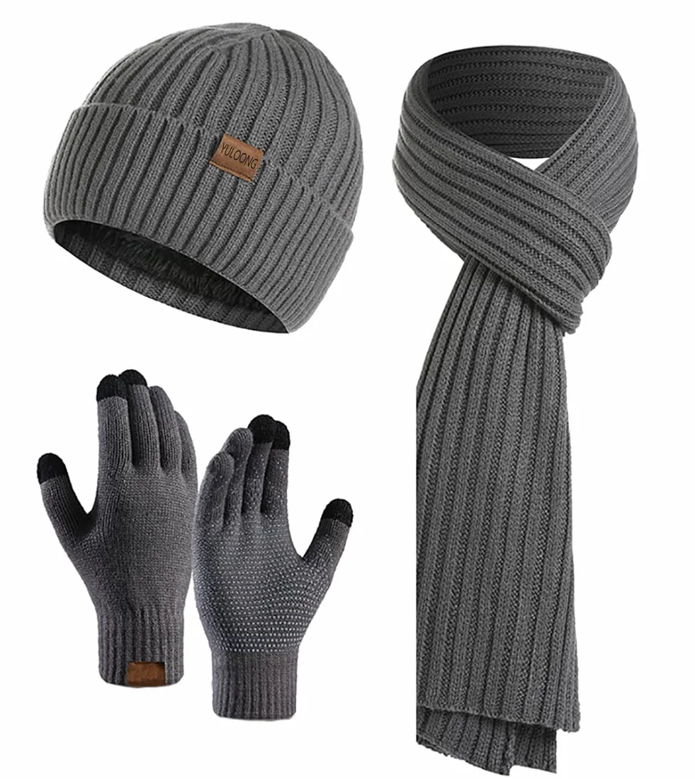 Zimowa czapka typu beanie, szalik, ekran dotykowy, rękawiczki do jazdy na rowerze dla mężczyzn i kobiet, zestaw 3 w 1, szary, jeden rozmiar