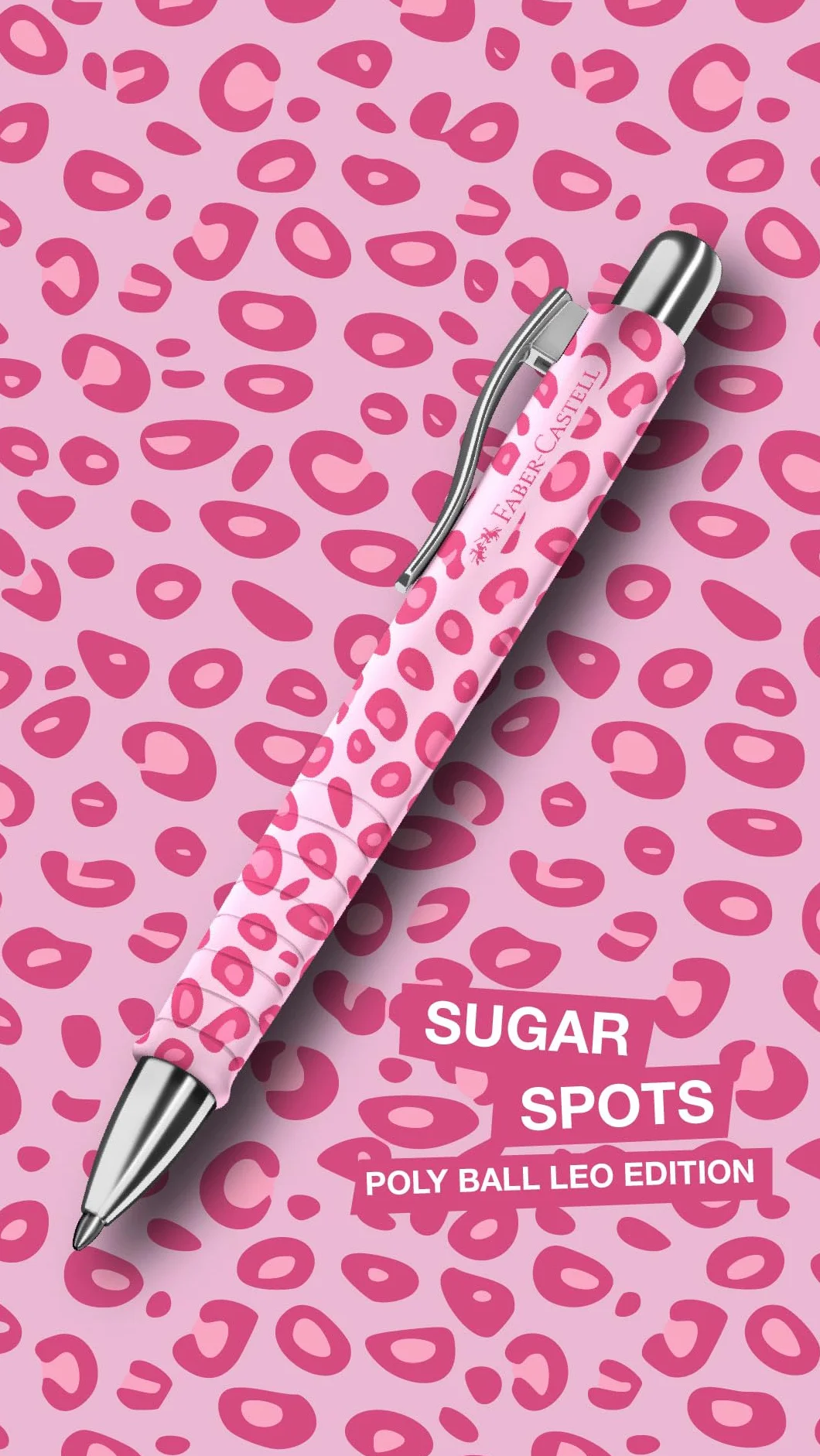FABER-CASTELL 205293 – długopis Poly Ball, Leo Sugarspots i różowy, 2 sztuki, z wymiennym wkładem XB, odporny na zmywanie