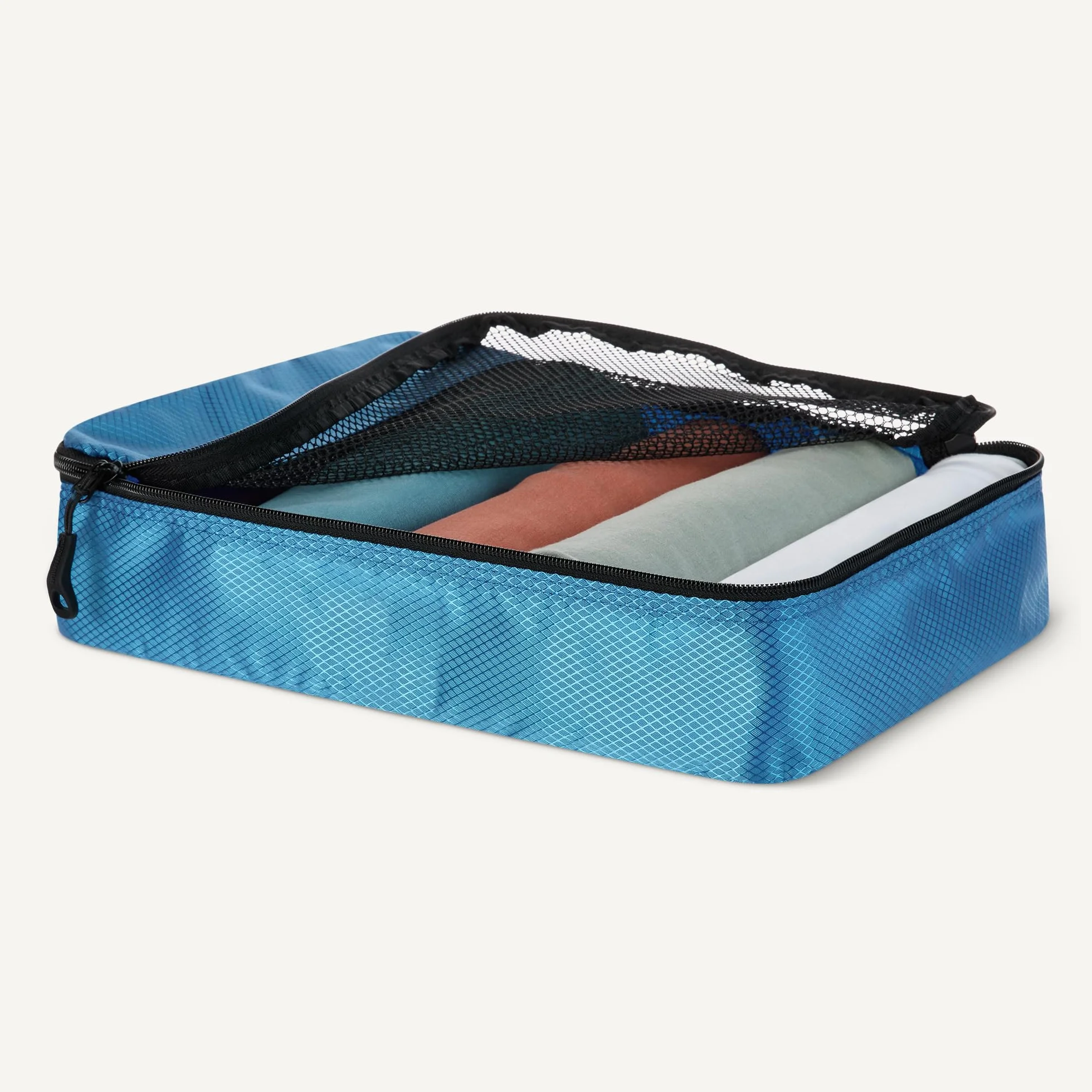 Amazon Essentials 4 Cz. Zestaw Akcesoriów Podróżnych do Pakowania, Organizer na Bagaż z Podwójnym Zamkiem, Klapa Górna z Siatki, 100% Poliester, Mały/Śr./Duży/Slim, Błękitny (Wcześniej Amazon Basics)