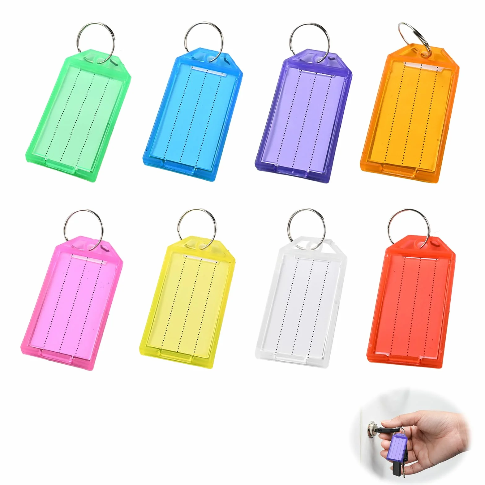 20 plastikowych breloczków do kluczy, 5,8 cm, z etykietami z pustego papieru, przezroczyste pokrywki i pierścienie dzielone do identyfikacji zwierząt i bagażu, 8 kolorów