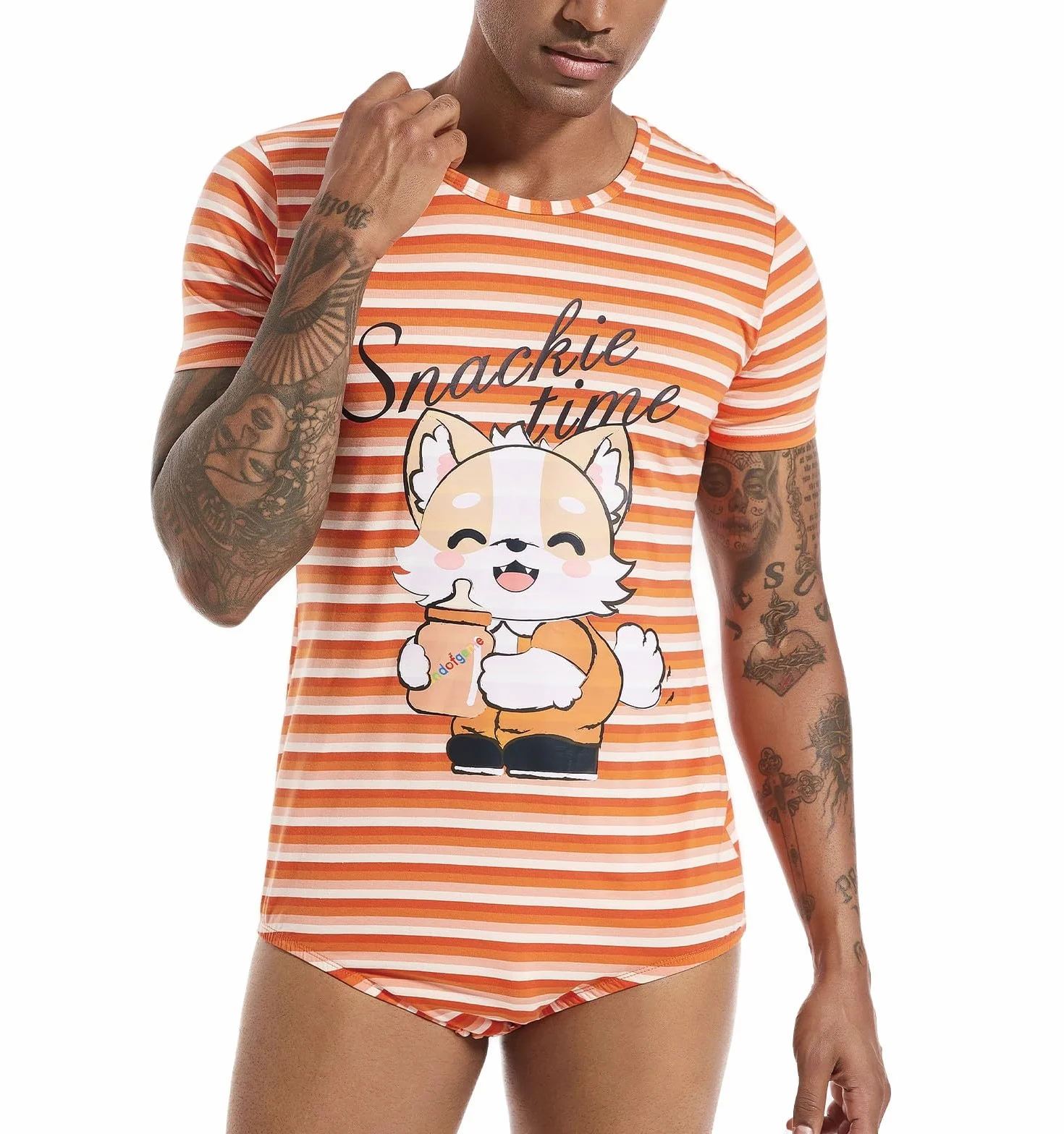 Landofgenie Mężczyźni Pidżama Bodysuit One Piece Rompers Krótki Rękaw Koszula Onesie Piżamy w paski