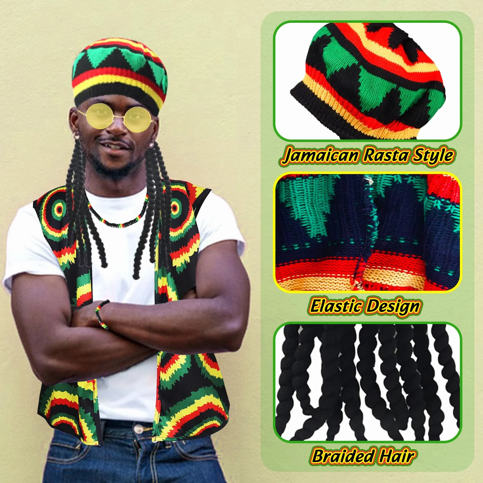 Zestaw akcesoriów do kostiumów Rasta 5 sztuk z czapką peruka Jamajka Reggae batik T-Shirt okulary przeciwsłoneczne pleciony naszyjnik bransoletka