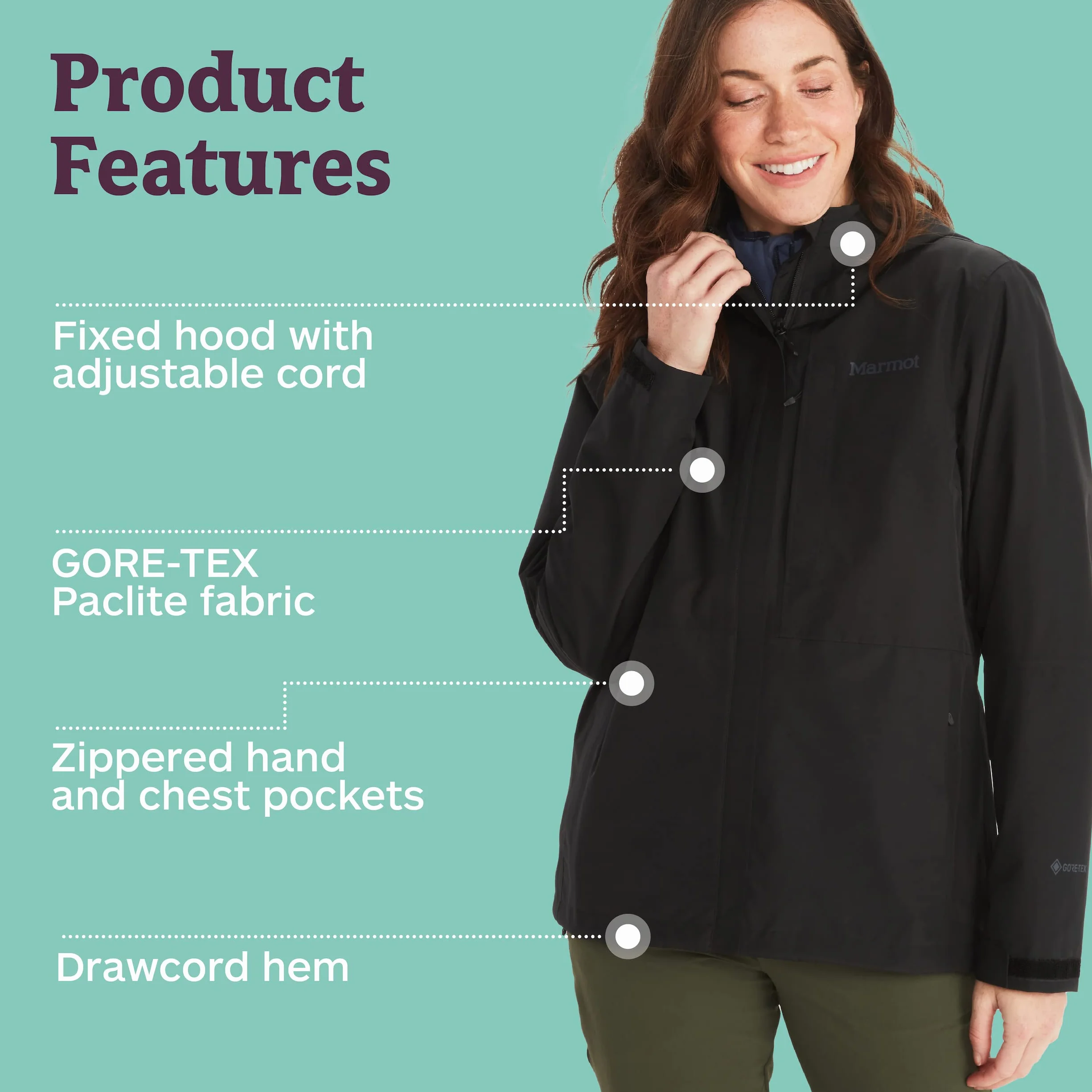 Marmot Kobiety Wm's Minimalist Jacket, Wodoodporna kurtka przeciwdeszczowa GORE-TEX, oddychający płaszcz przeciwdeszczowy z kapturem, lekka wiatrówka hardshell na wędrówki, Black, M