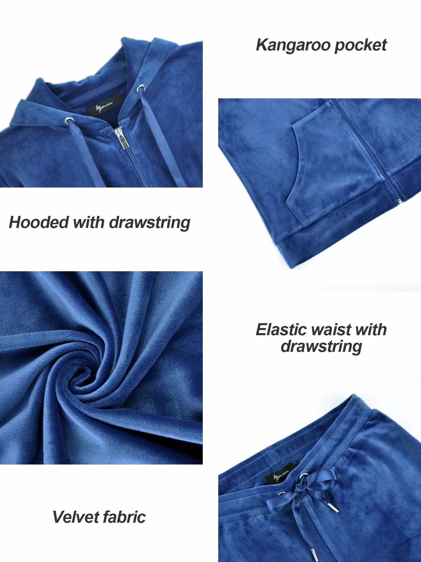 MessBebe Dres treningowy damski, domowy, zestaw, welur, dres sportowy, strój rekreacyjny, 2-częściowy, kurtka z kapturem, z długim rękawem, zamek błyskawiczny, długie spodnie sportowe na wiosnę