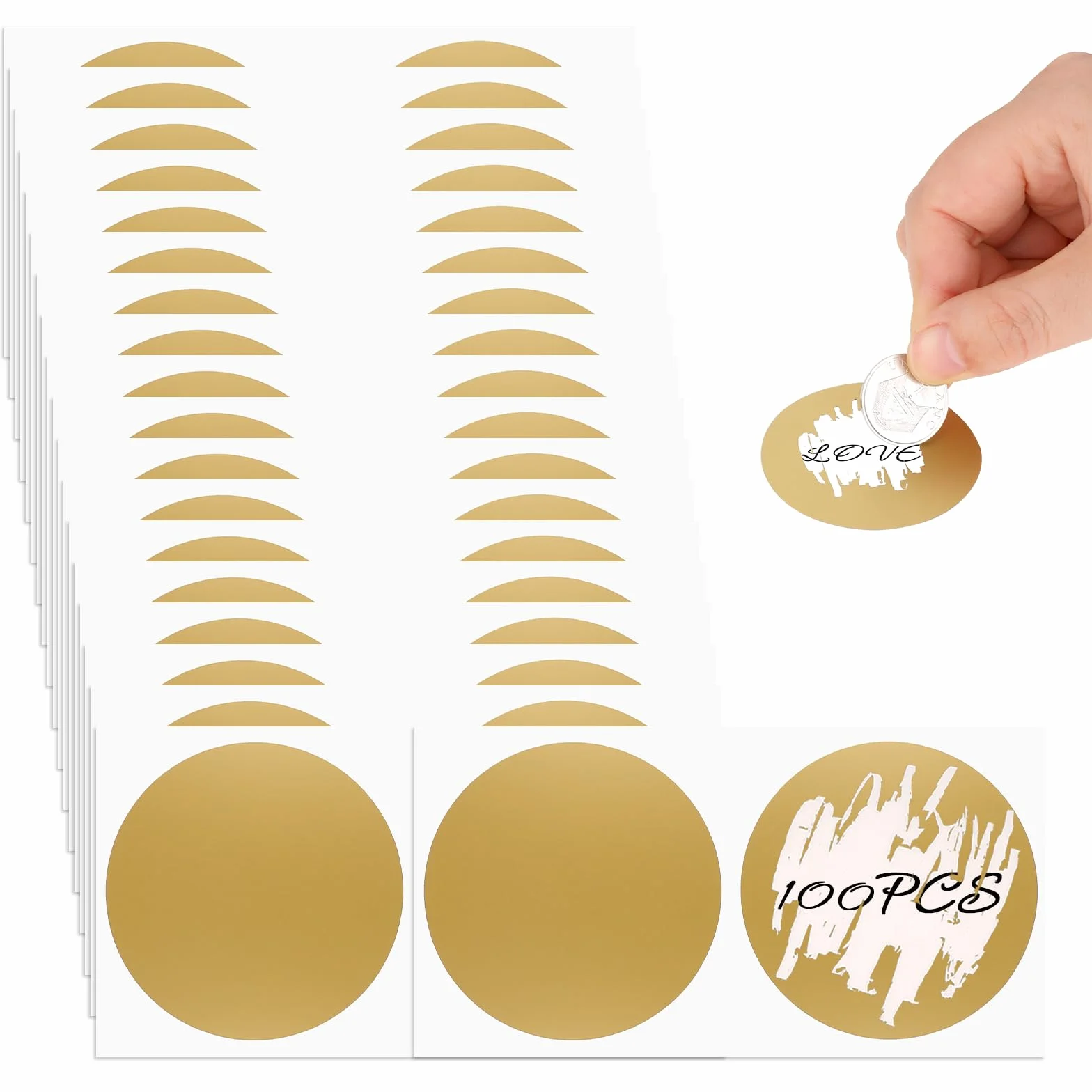 100 sztuk złotych okrągłych naklejek do zdrapywania, do samodzielnego wykonania, do naklejania, kreatywne, zdrapywane, naklejki na niespodziankę, pocztówki, prezenty
