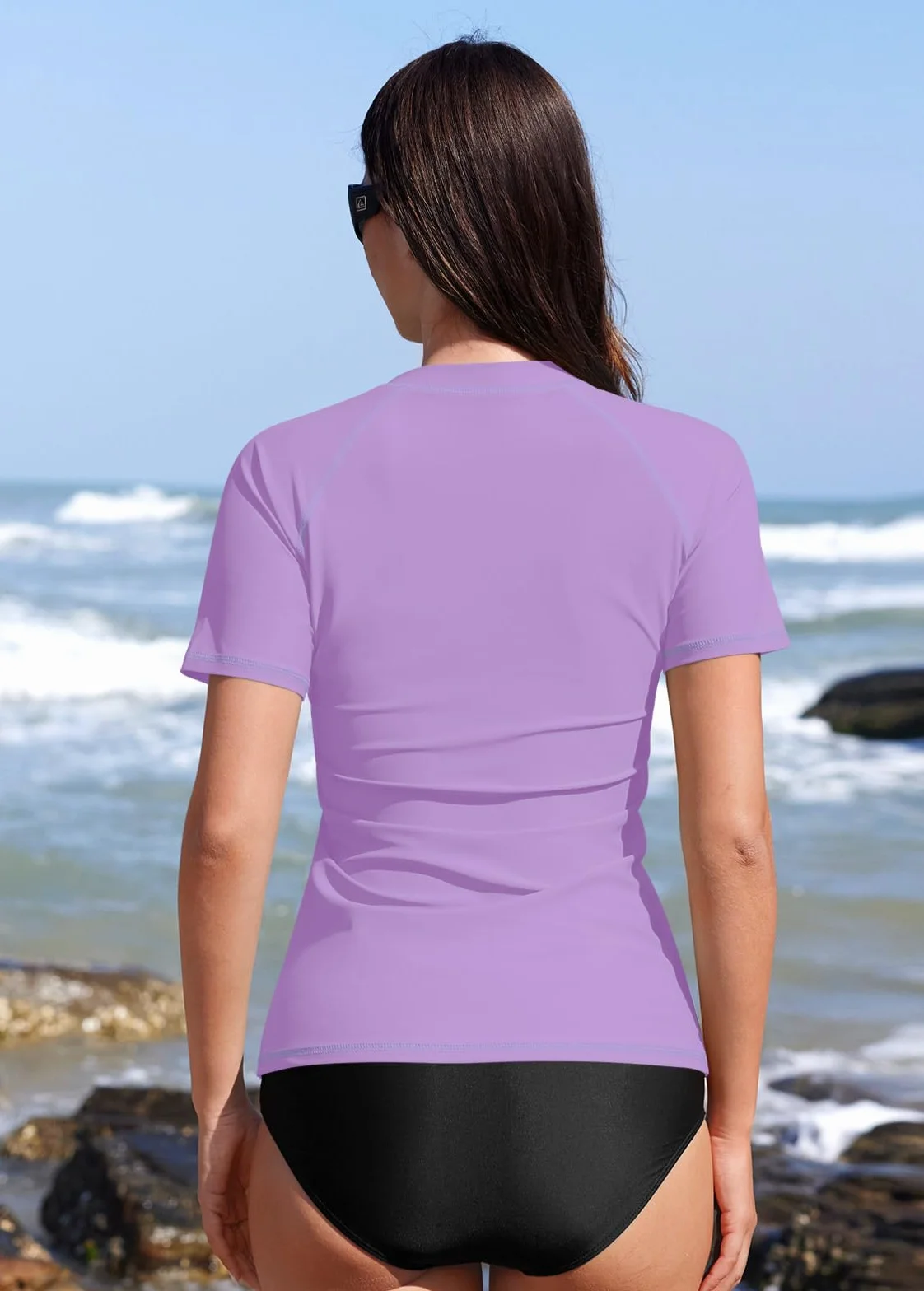 BesserBay Damska koszulka kąpielowa z dekoltem w serek, z krótkim rękawem, zamek błyskawiczny 1/4, ochrona przed promieniowaniem UV, nadruk Rash Guard Top