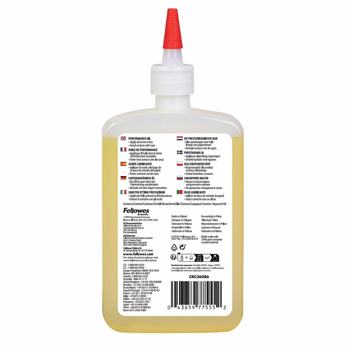 Fellowes Olej do niszczarek do niszczarek papieru z mikro cięciem i cięciem krzyżowym, 355 ml - smar oleju do niszczarki