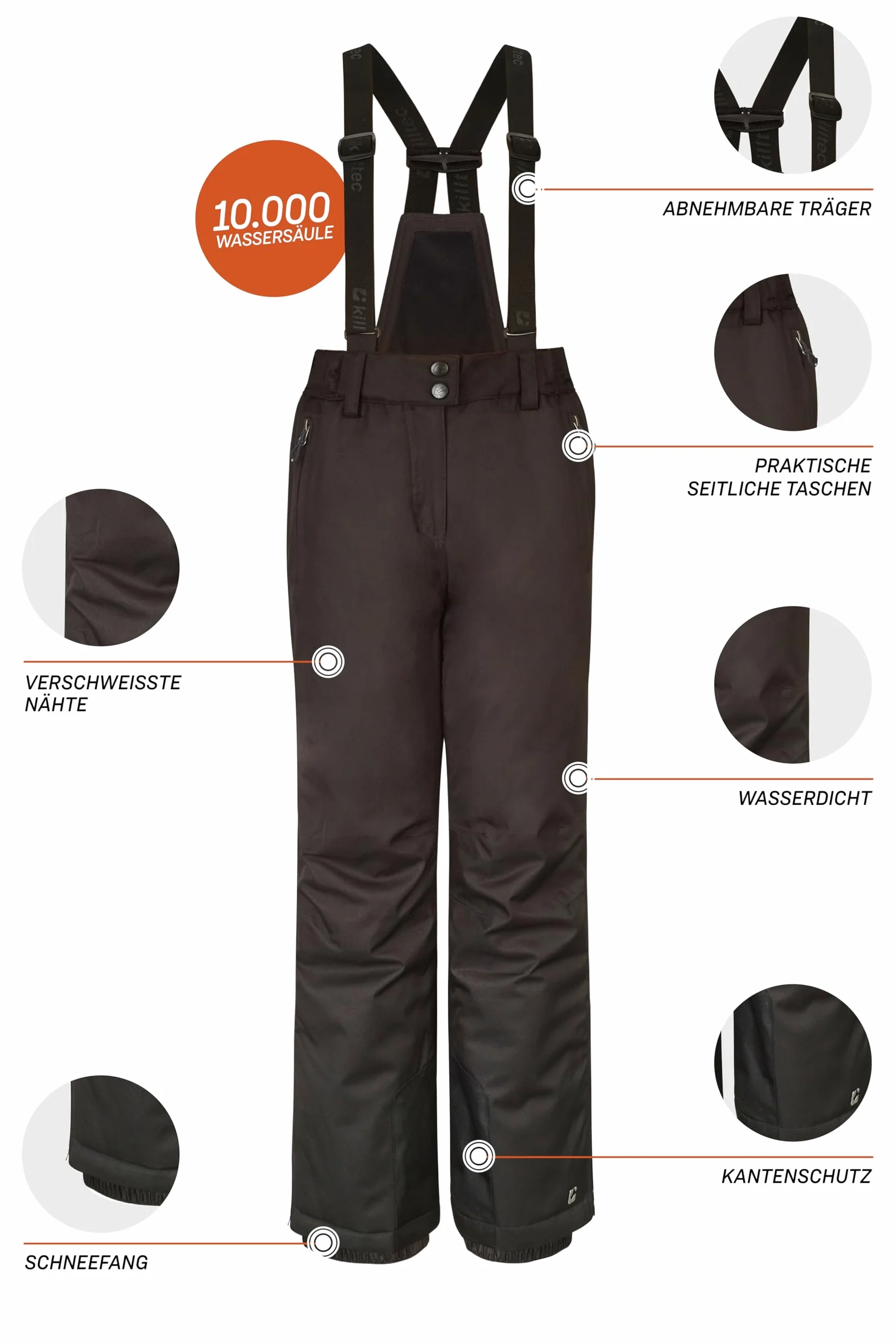 Killtec Vitalya Jr - Spodnie narciarskie/spodnie funkcyjne z szelkami, ochrona krawędzi i łapacz śniegu, słup wody 10 000 mm Dziewczynki