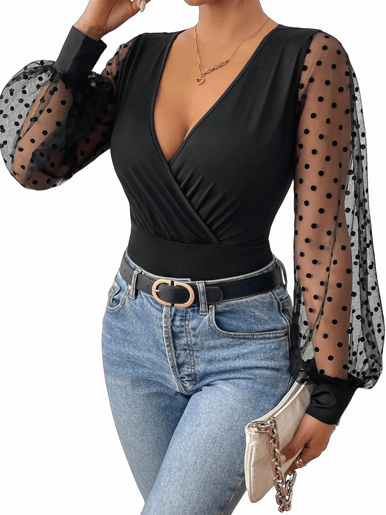 GORGLITTER Blusenbody damskie body bluzki z długim rękawem, w kropki, siateczkowe body, dekolt w serek, bufiaste rękawy, elegancka bluzka z długim rękawem