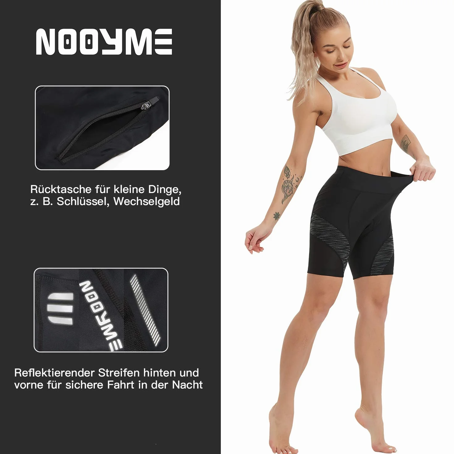 NOOYME Damskie spodenki kolarskie - wyściełane 4D - z kieszenią - elastyczne i oddychające spodenki rowerowe - z dużą i gęstą wyściółką - bezbolesne - szybkoschnące - dla kobiet