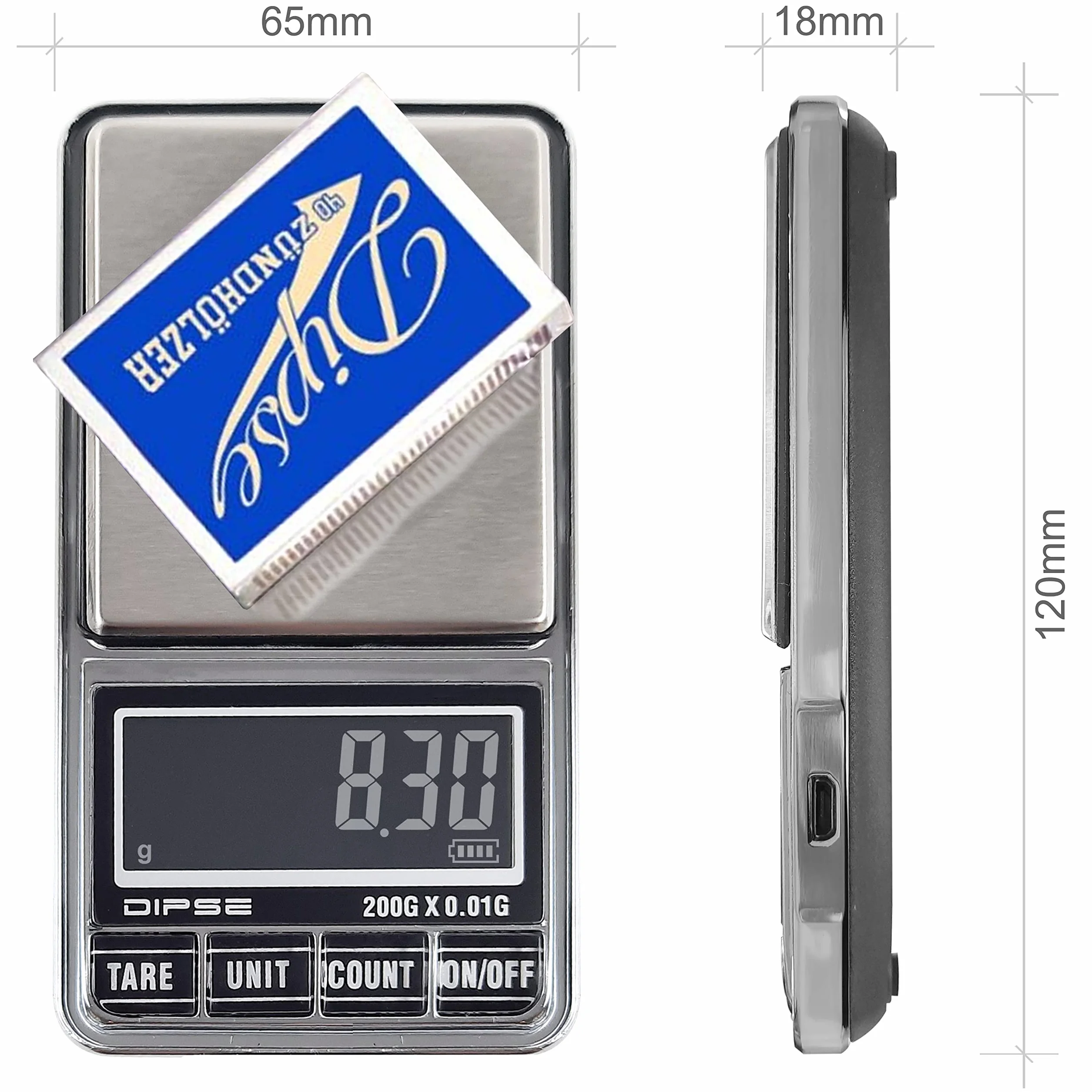 DIPSE USB 200 – cyfrowa waga kieszonkowa z portem USB bez automatycznego wyłączania, która w odstępach 0,01 g waży dokładnie do 200 g
