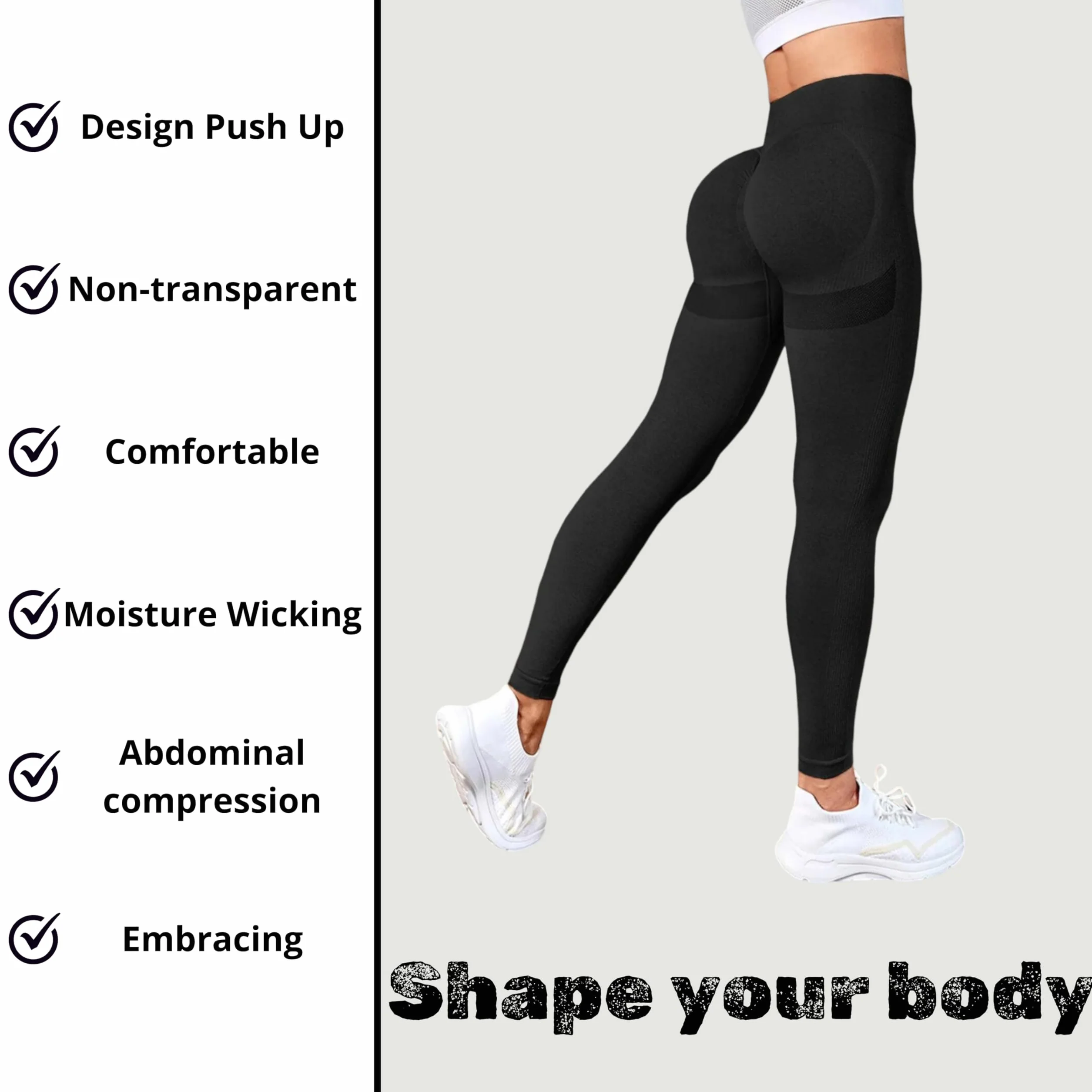 Legginsy damskie typu push-up z wysokim stanem. Legginsy sportowe na siłownię, do jogi, fitnessu, odporne na zabrudzenia, zapachowe, oddychające, lekkie, antystatyczne.