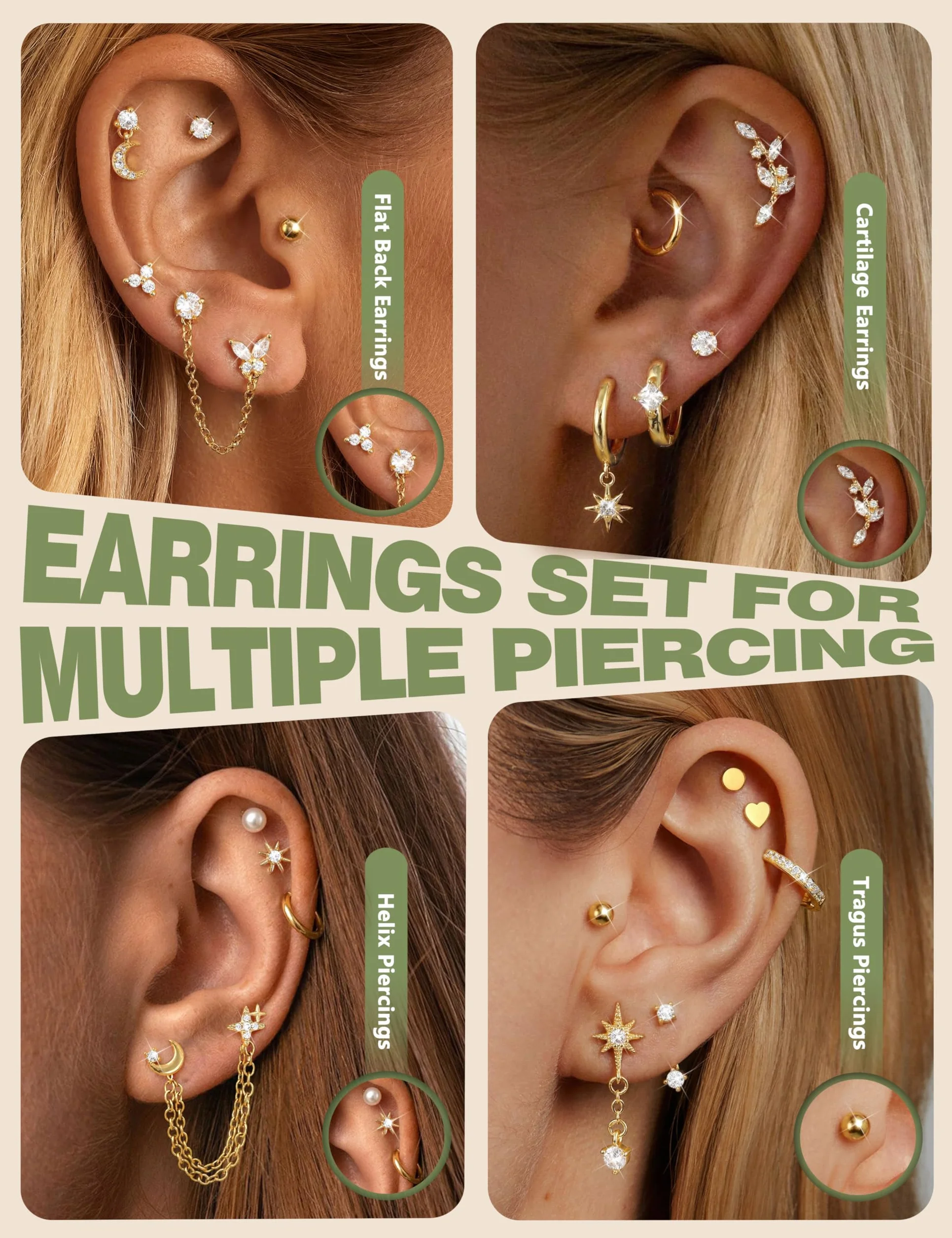 CASSIECA Kolczyki damskie, 21 szt., kolczyki do uszu ze stali nierdzewnej, złoto, srebro, piercing Helix Conch Tragus Daith, biżuteria damska